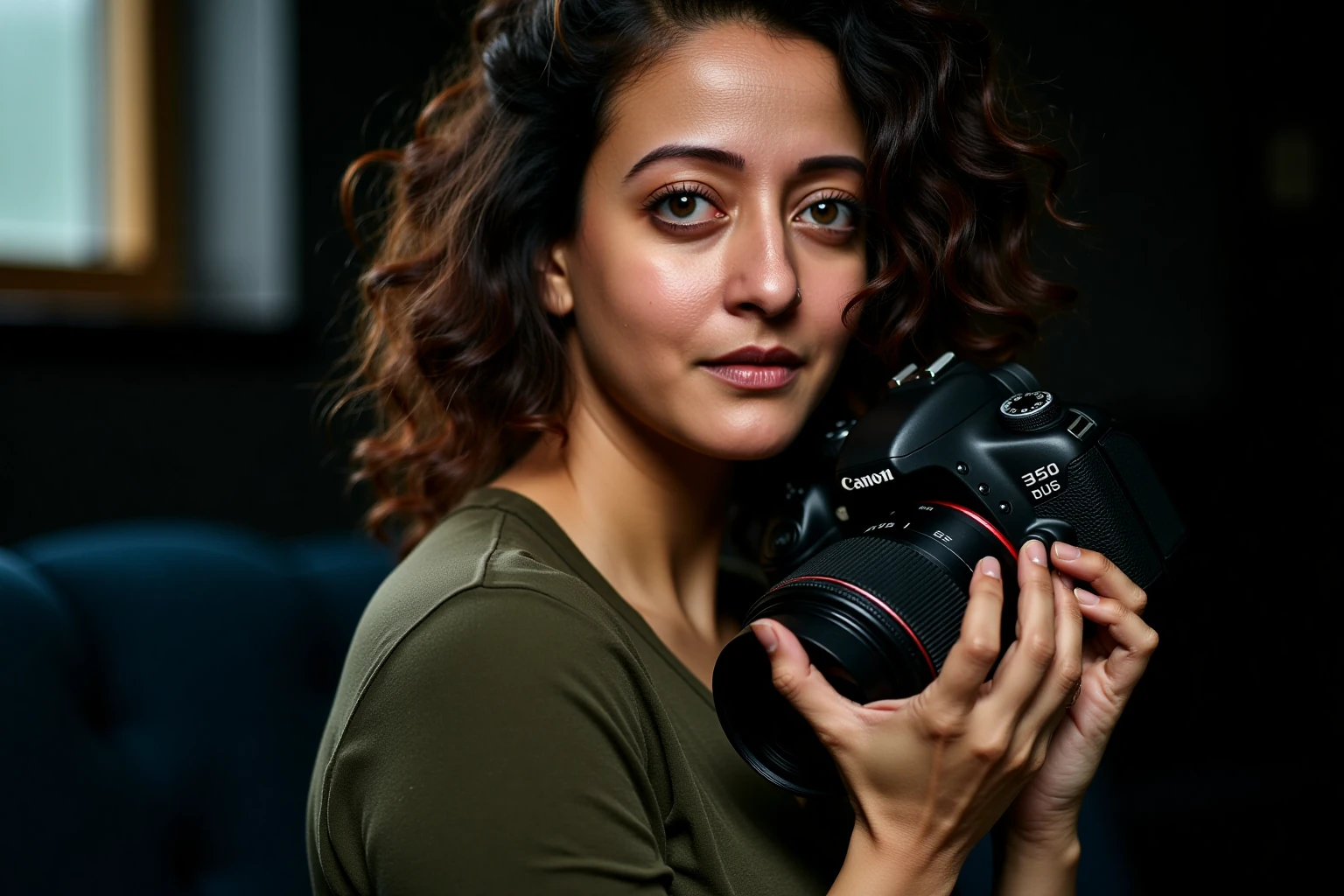 Close-up portrait of raimasenukohwx curly hair, holding a Canon DSLR camera.  Light and shadow play across her face, highlighting her light-blue eyes and soft features.  The woman appears thoughtful, with a composed expression.. She has a light complexion . She's wearing a dark olive-green, casual, long-sleeved shirt. The details of the camera are clear in the image.  Natural lighting casts gentle shadows, emphasizing her facial structure. The depth of field focuses primarily on the woman and camera, with the background showing a dark interior and visible window pane in soft-focus, creating a moody atmosphere. The composition is a close-up, with a slightly low-angle perspective that draws attention to her face and upper body. The colors are subdued, largely muted tones of blacks, browns, and greens, complemented by the light reflecting in her eyes. The textures are smooth on her skin, and the camera's matte plastic has a distinct texture. The image has a photographic realism style with soft lighting and a subtle, artistic feel, reminiscent of studio portraiture. The overall tone is contemplative and serene.
