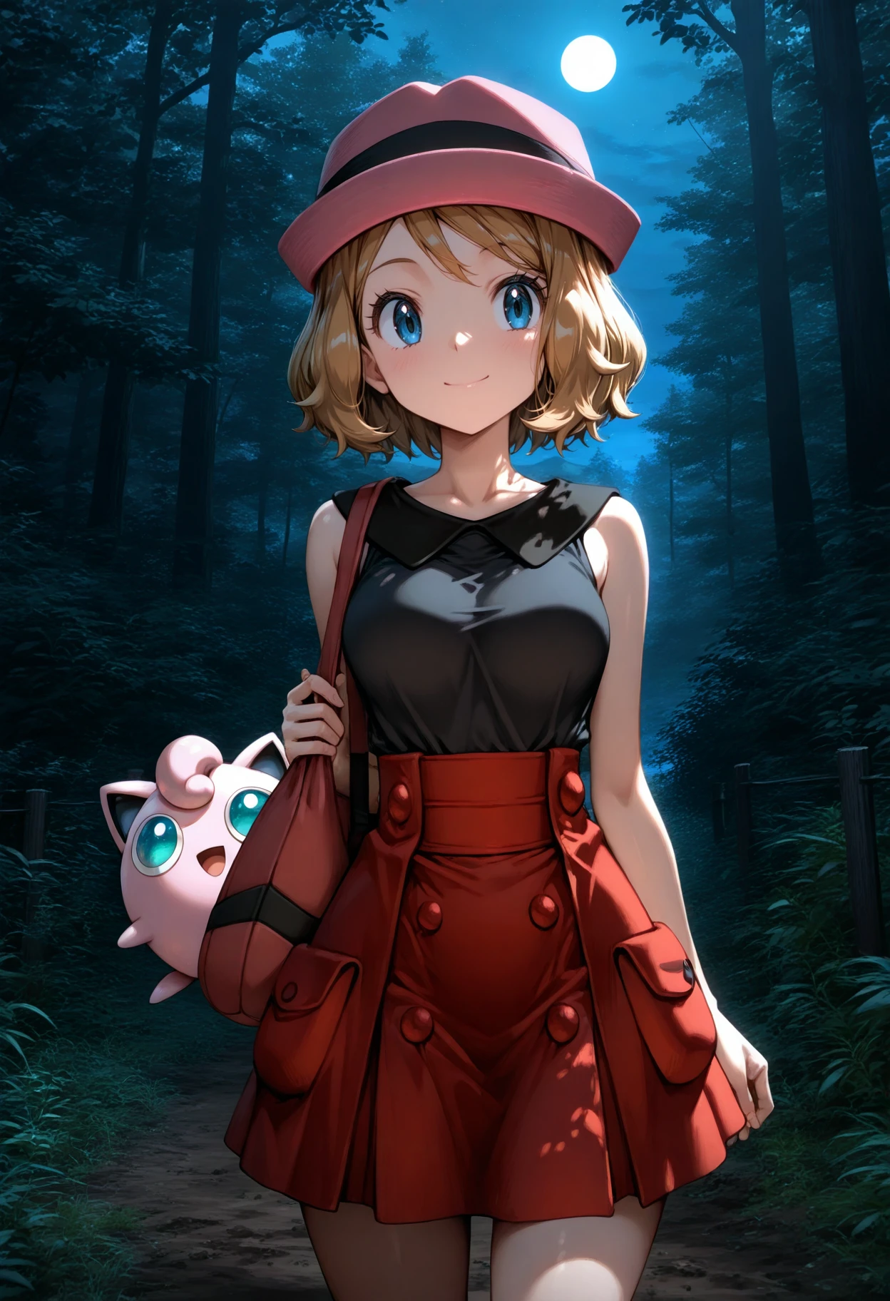 solo,
1girl,serena \(pokemon\),short hair,blonde hair,pink hat,red high-waist skirt,black shirt,bag,
smile,pokemon \(anime\),
cowboy shot,
Jigglypuff,
nature,outdoors,tree,forest,night,moonlight,plant,grass,fence,dirt road,
<lora:99coins_japanese_central_forest_illu:0.8>,
masterpiece,best quality,