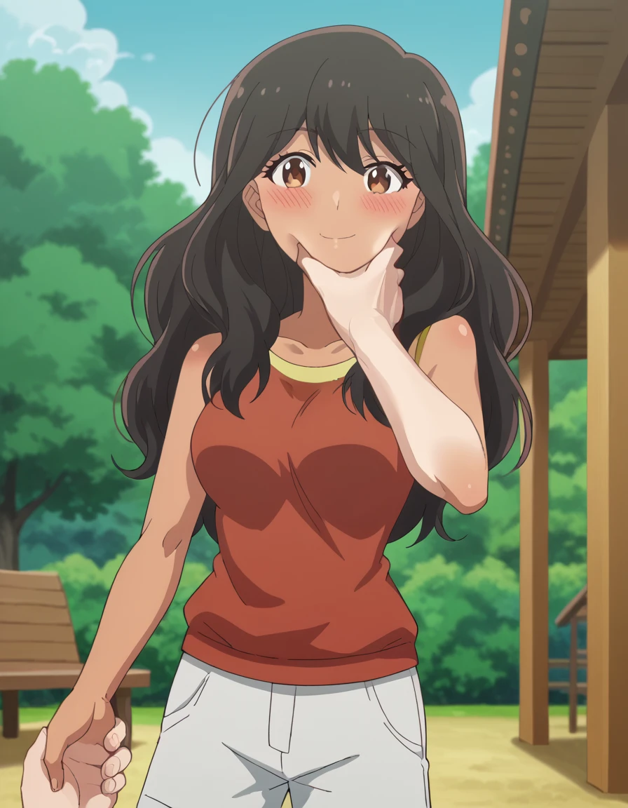 score_9, score_8_up, score_7_up, source_anime, <lora:nao-miyama-s1-ponyxl-lora-nochekaiser:1>, nao miyama, long hair, black hair, brown eyes, dark skin, dark-skinned female, medium breasts, anime screencap,, shirt, shorts, tank top, red shirt, white shorts,, gazebo, park, shelter, outdoors, wooden, smile, <lora:pov-cheek-grabbing-ponyxl-lora-nochekaiser:1> pov cheek grabbing, pov cheek grabbing (meme), meme, squeezing cheeks, pov hands, cheek squash, face grab, pov, blush, parted lips, bed room,, cowboy shot, looking at viewer,, looking at viewer, solo,, dutch angle, cowboy shot