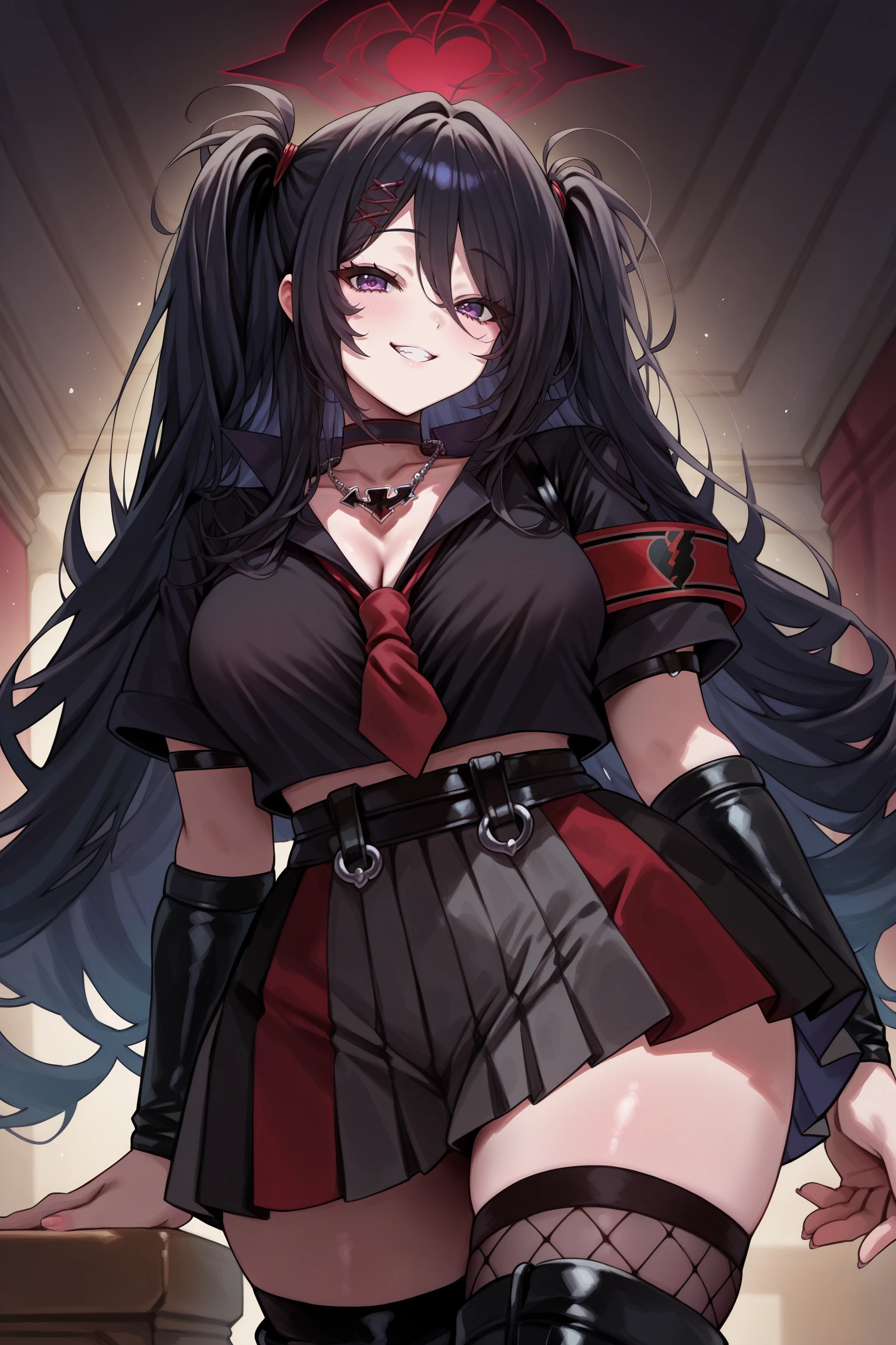 masterpiece, best quality, anime, 2d, 1girl, purple eyes, very long hair, two side up, black hair, red hairclip, hair tie, choker, cross necklace, black clothes, red neckerchief, short sleeves, red armband, arm strap, black arm guard, black belt, two-tone skirt, frilled miniskirt, fishnet thighhighs, knee black boots, <lora:Z11ILSTCAMEq1v1 AL:1>, indoors, mansion,  abstract, , absurdres, incredibly absurdres, happy