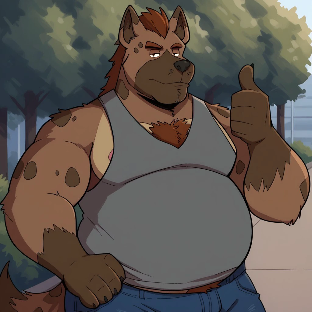 1boy, score_9, score_8_up, score_7_up, score_6_up, detail background, solo, cartoon, 2d, anthro hyena, male, chubby, wide build, big belly, thick arms, overweight, fat, belly, obese, spotted fur, brown body/fur, two tone fur, reddish-brown tufted mane, tail with spots, thick reddish-brown eyebrows, pointed ears, short ears, spotted body/fur, big eyes, black eyes, dot eyes, claws, moobs, large areolas, claws on feet, reddish-brown chest fur,  rating_safe, cozy atmosphere, shadows, denim shorts, gray tank top, outside, park, kneeling, trees, relaxed, lying back, looking at viewer, ((upper body, half body)), ((male focus, close up)), a thumbs up