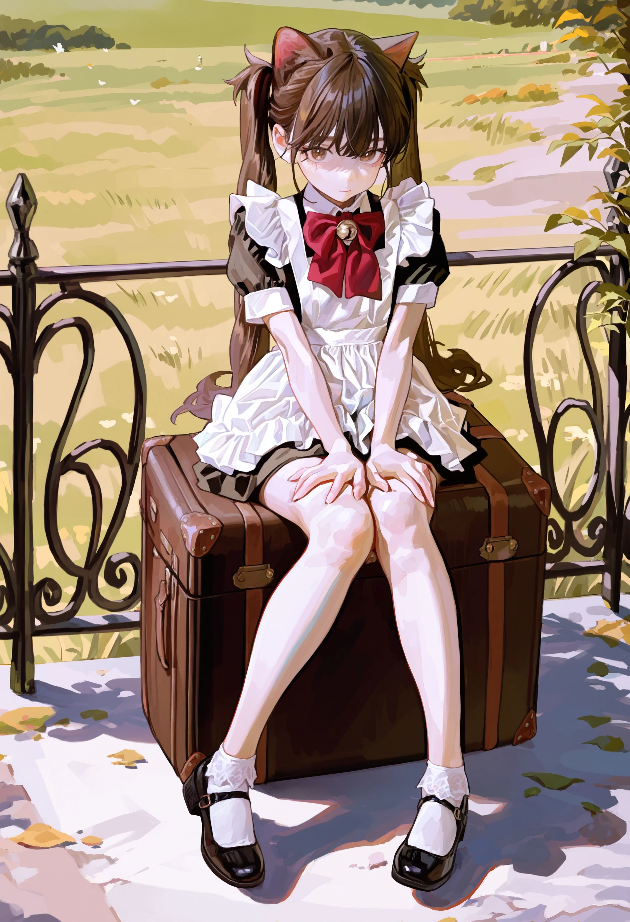 masterpiece, highres, absurdres, newest, very awa, painting \(medium\), shadow,   1girl, solo, brown eyes, animal ears, cat ears, brown hair, twintails, long hair, red bowtie, bell, short dress, maid, white apron, short sleeves, ankle socks, white socks, lace socks, black footwear, mary janes,  sitting on object, suitcase, hands on own thighs, knees together feet apart, looking at viewer,   outdoors, full body, grate,  <lora:spo_sdxl_10ep_4k-data_lora_webui>,  <lora:NOOB_EPSv1_1_detailer_by_vlnvk_v1_0:0.5>, <lora:illustrious_noobai_epsilon_pred_1_best_quality_v1:0.7>, <lora:noobai_ep11_stabilizer_v0.30_fp16:0.4>,  <lora:FKEY:0.8>,