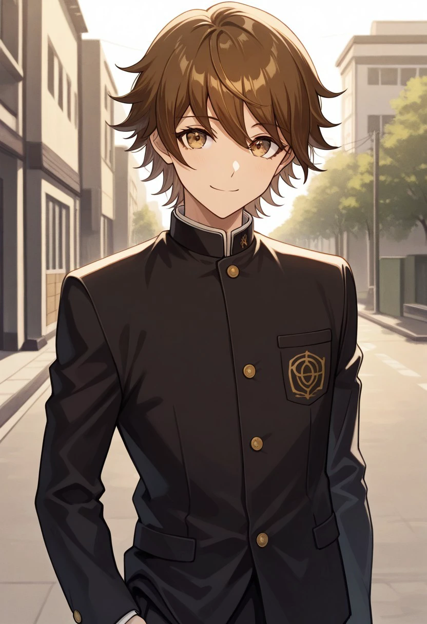 masterpiece, best quality, 
chihiro, 1boy, male focus, solo, brown eyes, brown hair, very short hair, school uniform, gakuran, jacket, black jacket, long sleeves, smile
outdoor,