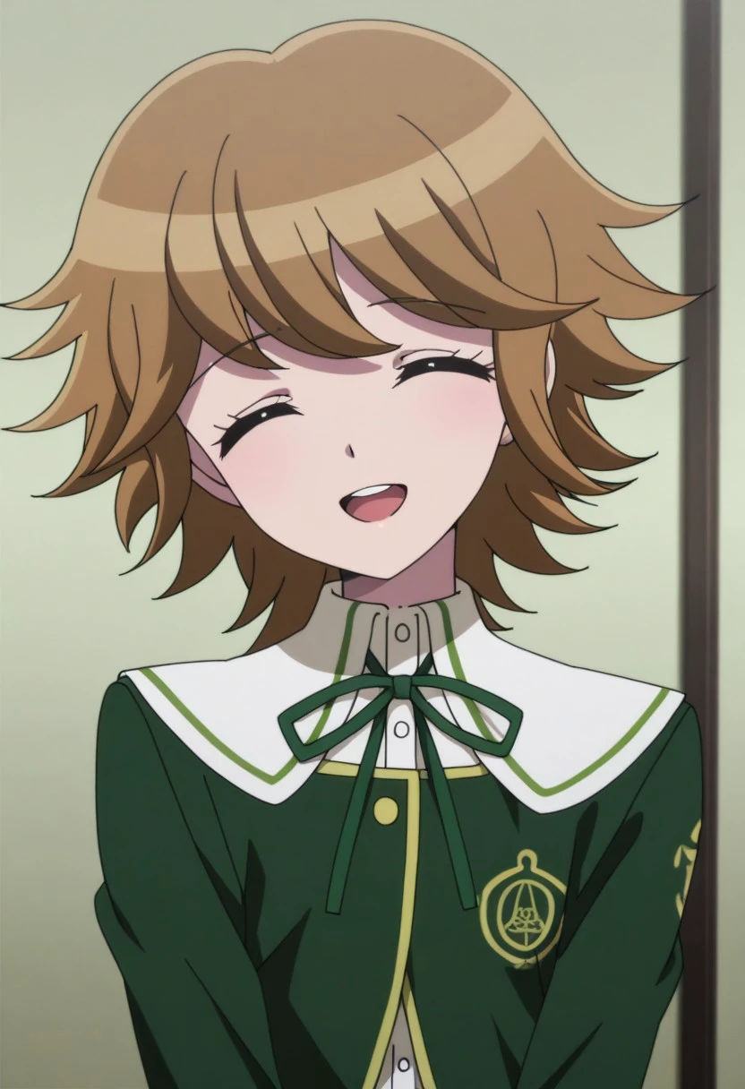 masterpiece, best quality, anime screencap, anime coloring
chihiro, 1boy, male focus, solo, closed eyes, brown hair, bangs, crossdressing, shirt, white shirt, collared shirt, ribbon, neck ribbon, jacket, green jacket, long sleeves, smile, open mouth,
indoor