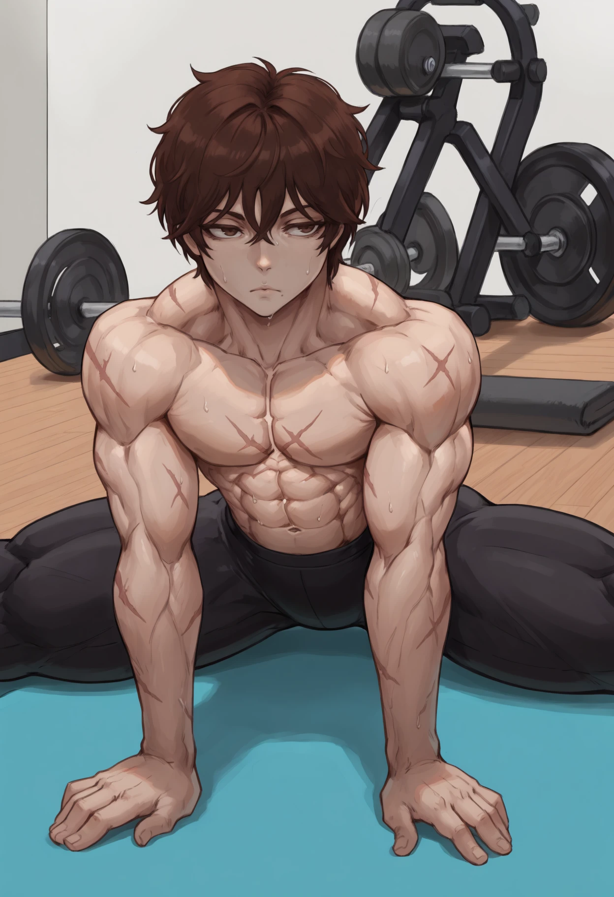 masterpiece, best quality, 1boy,brown hair, brown eyes, short hair, mole above mouth,  hair between eyes,
muscular male, male focus, abs, toned, biceps, pectorals,
multiple scars, scar on arm,
sweat, expressionless, on ground, split, wide spread legs, arm support,black pants, yoga pants, tight pants, bare shoulders, indoors, gym, yoga mat, topless male, 
<lora:hnmbk_idxl_EliPot:1>