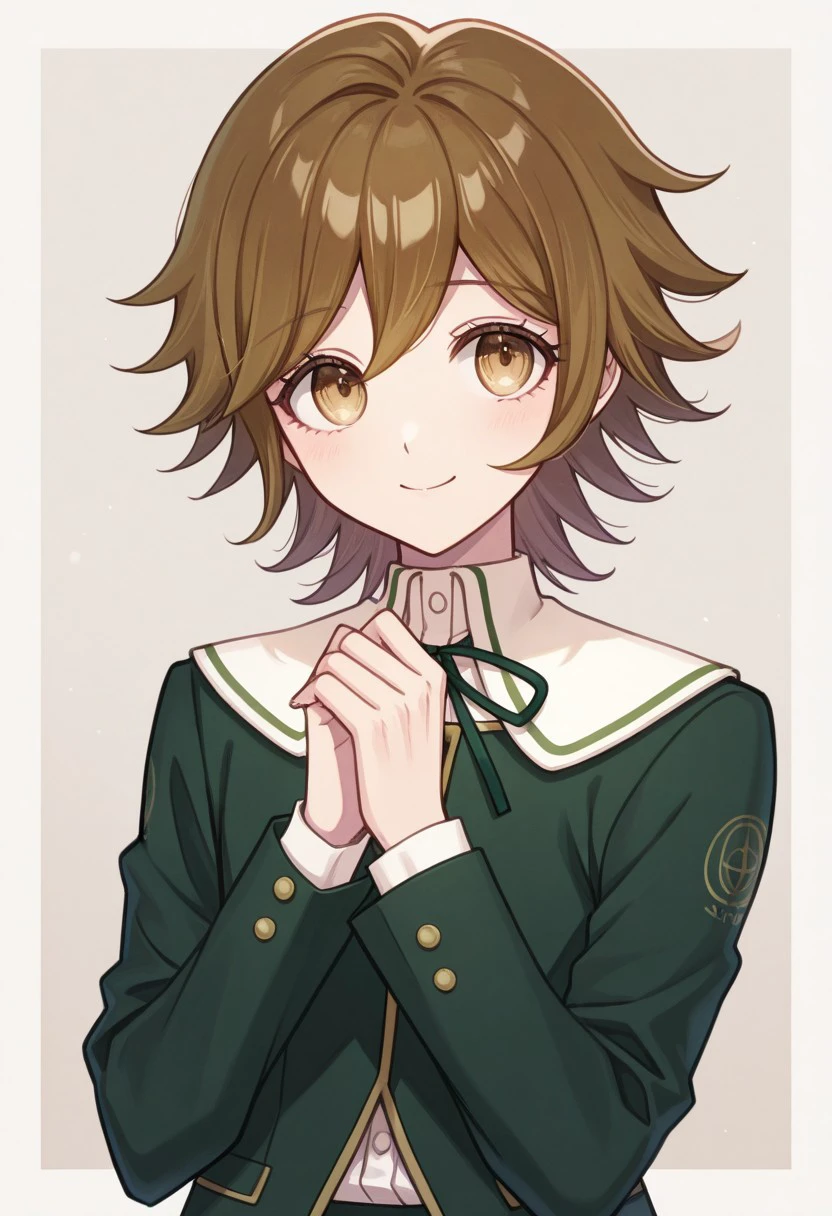 masterpiece, best quality, 
chihiro, 1boy, male focus, solo, brown eyes, brown hair, bangs, crossdressing, shirt, white shirt, collared shirt, ribbon, neck ribbon, jacket, green jacket, long sleeves, own hands together, smile,
indoor