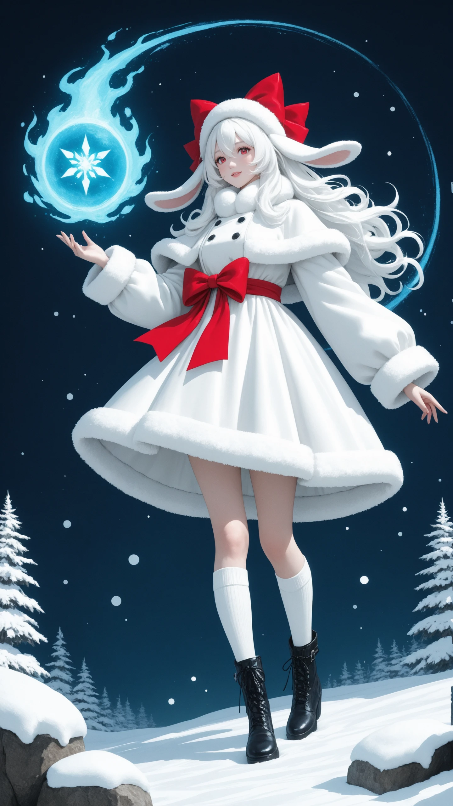 anime, Eira, long white hair, red eyes, floppy animal ears, Eira festive cloth, white winter coat, fur trim, puffy sleeves, high neckline, big red bow, buttoned coat, white thigh-high socks, black platfrom boots, headband, large bow on head <lora:Eira:0.9>,
Masterpiece-level, creative masterpiece, sharp, fine art anime style, 1girl, silhouette, side view, sharp eyes, looking away, light particles, chromatic aberration, flat color, limited palette, spot color, neon blue, upper body, flowing hair, default, surrounded by lovely spirits, snow flkaes spirit magic, harmonious.