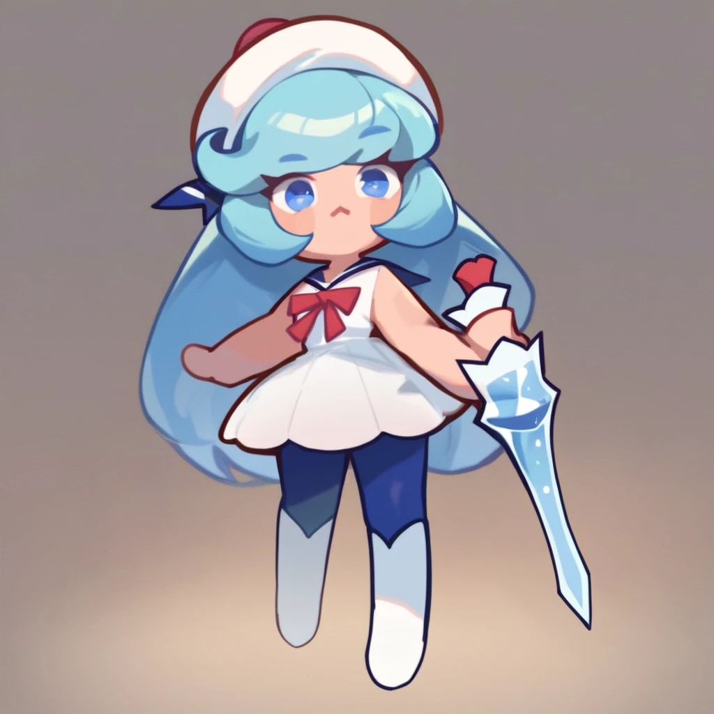 score_9, score_8_up, score_7_up, score_6_up, score_5_up, score_4_up, creamsoda, blue hair, blue eyes, white hat, uniform, blue pants, white boots, holding, sword