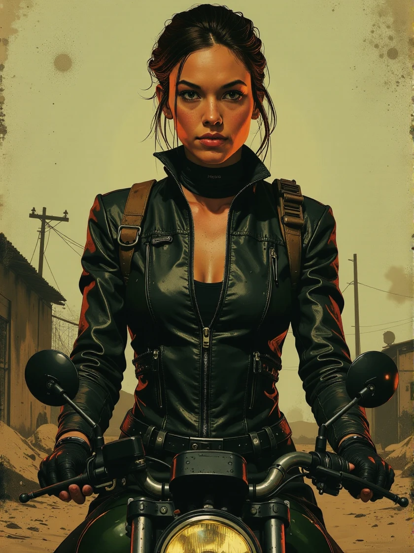 <lora:Diane_Lane_v2:1> woman <lora:zz_s_Luminous_Shadowscape:0.7>, modest clothes, modest apparel, chest covered, modesty <lora:zz_s_Chest_Size_Slider:-2>, A hyper-realistic photo portrait of a cybernetic android, soft features with a dynamic background, elegant intricate artstation concept art style of Ashley Wood, Jae Wood, desolate tones, intricate detail, breathtaking masterpiece, dramatic lighting, wearing skin-tight, form-fitting black leather cybernetic android uniform that tightly covers the body, it also covers the chest and neck, the uniform includes an extreme amount of zippers, an ak47 is strapped to the back, sitting on a futuristic motorcycle, dystopian post-apocalyptic wasteland <lora:zz_p_Gun_Style:1>