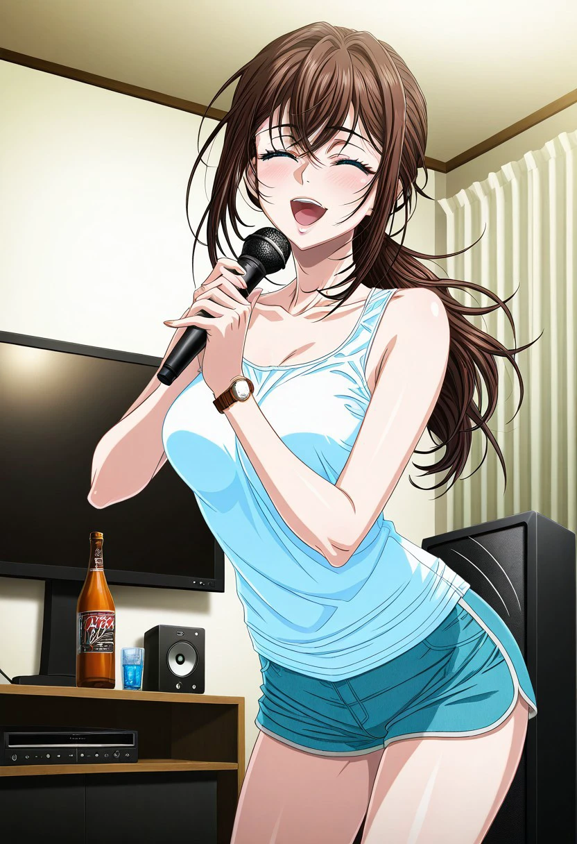 masterpiece, best quality, newest, highres, uncensored, 1girl, yokota mamoru style,1girl, slender face，motion lines,blush,torogao,looking at the viewer,seductive smile
Asai Sayaka,Brown Hair, Ponytail,Blue Eyes,Medium Breasts, Slim,long hair
1girl,solo
1girl, solo microphone, karaoke, music, singing, closed eyes, curtains, speaker, bottle, shorts, watch, open mouth, wristwatch, tank top, indoors, television,