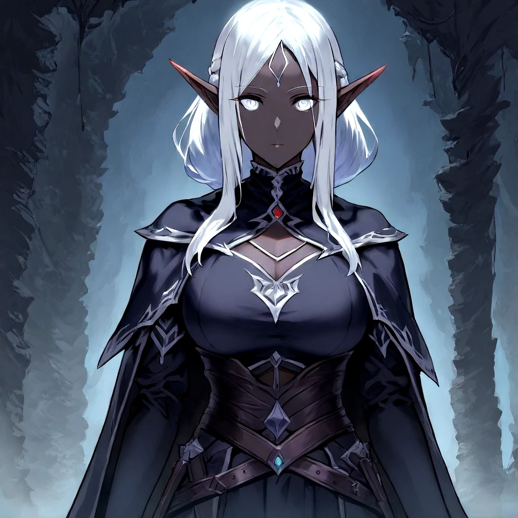 masterpiece, best quality, high quality, detailed, absurdres,  <lora:FantasyWorldIllustrious:.85> , Middle-aged woman Artificer Battle Smith Dark Elf (Drow) Deep dark shadows around the eyes or an unsettling, hollow gaze, as if theyâre staring right into someoneâs soul.