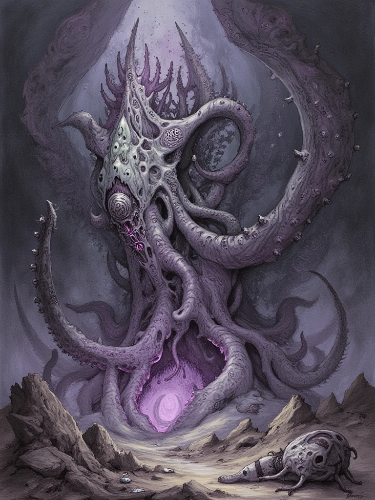 p116, desolate world, an eldritch horror emerging from the depths of a cosmic void, positioned centrally in the frame, the creature's massive form dominates the scene, its body is a writhing mass of tentacles and otherworldly appendages, with multiple eyes scattered across its grotesque form, the entity's skin has a sickly, iridescent sheen that seems to defy natural light, ancient runes and symbols float around it, glowing with an unnatural purple light, in the background, twisted architecture of impossible geometry stretches into the infinite darkness, suggesting a realm beyond human comprehension, the creature's presence warps the very fabric of reality around it, creating distortions in space-time, scattered human remains and broken artifacts lie at its base, emphasizing its overwhelming scale and power, the overall atmosphere is oppressive and nightmarish, with an otherworldly color palette of deep purples, sickly greens, and void-like blacks