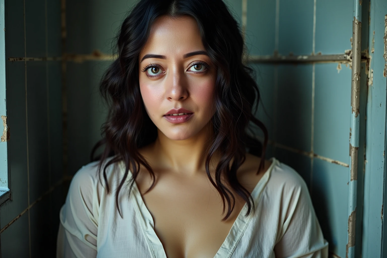 Close-up portrait of raimasenukohwx  with dark, wet, wavy hair.  She  wears a light, sheer, slightly oversized,  white, possibly linen, blouse,  saturated with water droplets.  Her expression is contemplative, almost melancholic.  Her gaze is directed directly at the viewer,  with a subtle sadness.  Her lips are a soft, natural pink.  Her eyes are a light gray-blue.  Her skin is smooth and clean, with a delicate flush to her cheeks. She has full but not full-fledged facial contours. Her body language conveys a sense of quiet introspection.  The environment is a dimly lit bathroom with vintage, muted, bluish-gray tiles.  A small portion of a white window is visible in the background.  Water droplets are clearly shown on the woman's face and clothing.  The lighting suggests a natural light source filtered through a window, casting subtle shadows.  Muted, muted tones, and a slightly desaturated color palette dominate the piece,  accentuating the thoughtful mood.  The composition centers the woman in a close-up perspective, leading the focus to her expression.  The overall style is reminiscent of a nostalgic, intimate portrait, possibly inspired by 19th-century photographic depictions of ethereal beauty or evocative portraiture.
