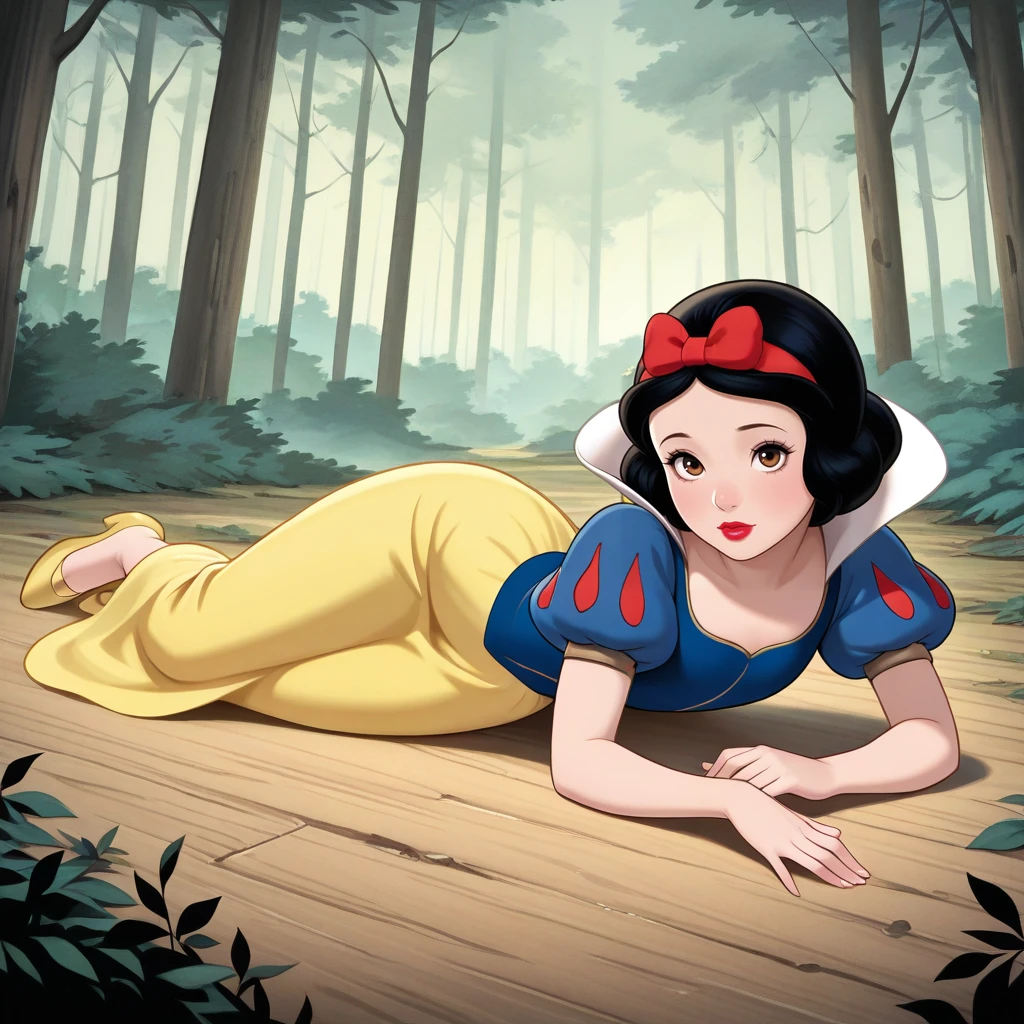 masterpiece, best quality, Snow_White, 1girl, solo, short hair, black hair, hairbow, brown eyes, lipstick, dress, short sleeves, puffy sleeves, yellow footwear, bow, <lora:SnowWhite1937_illustrious_Leaf1:1>, forest, laying on floor, looking at viewer,