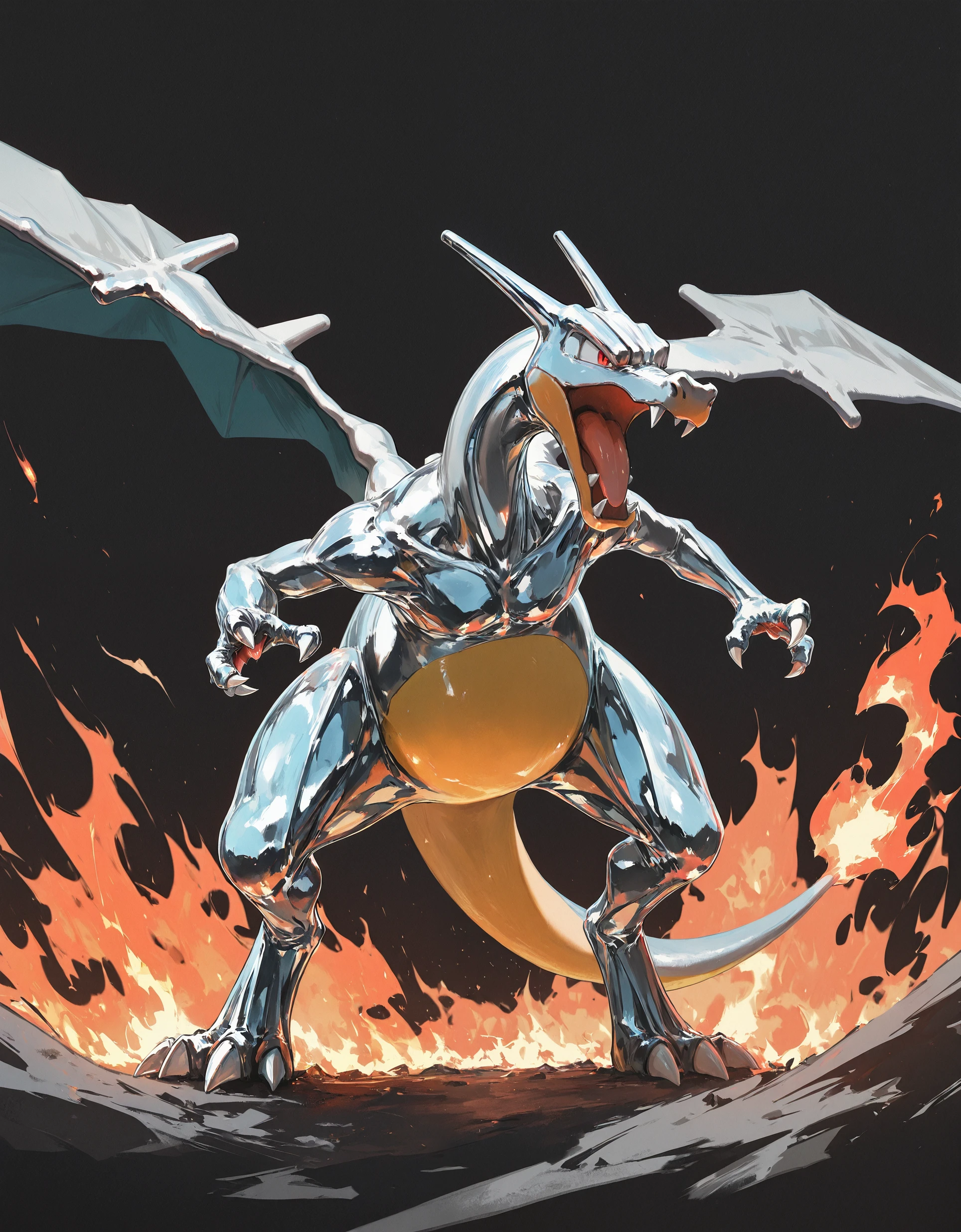 dino \(dinoartforame\),  masterpiece, best quality, amazing quality,  <lora:Chromecore_illu:1>,pokemon (creature), no humans, chrome skin ,solo, red eyes, open mouth, tongue, claws, charizard, black background,flame,abstract background,a lot of flames