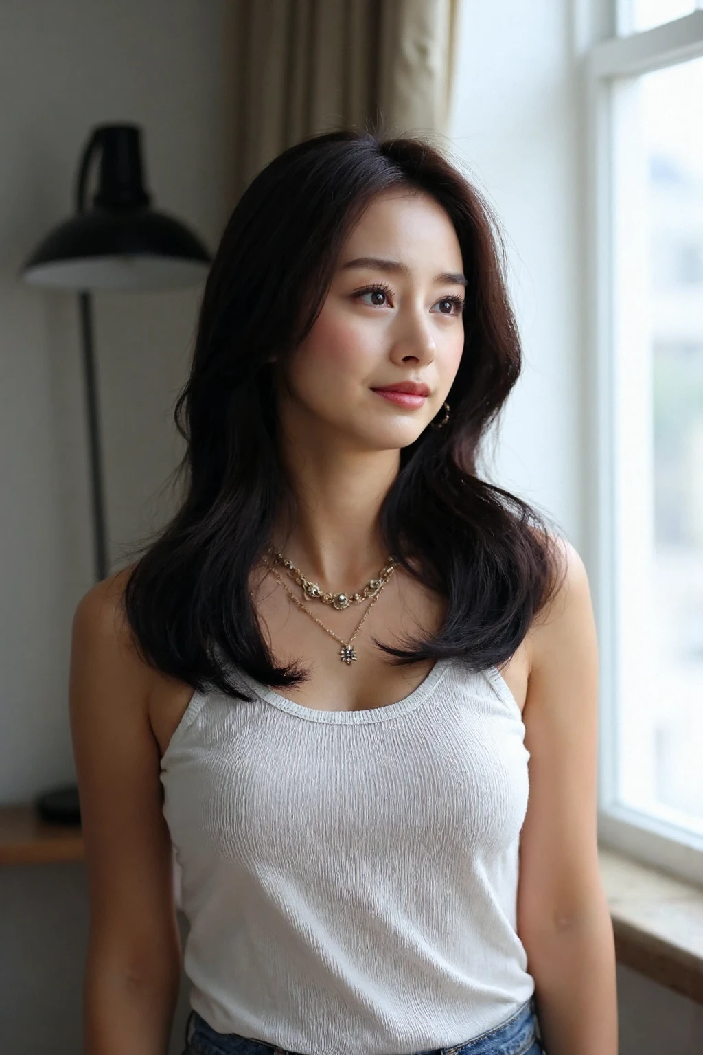 bright photo of beautiful korean girl wearing tank top and lowcut jeans inside new york style apartment, necklace, dslr, studio lighting, high quality,light reflections,pale skin, detailed skin, <lora:flux_realism_lora:1>, <lora:makinaflux_kimtaehee_v1.0:1>