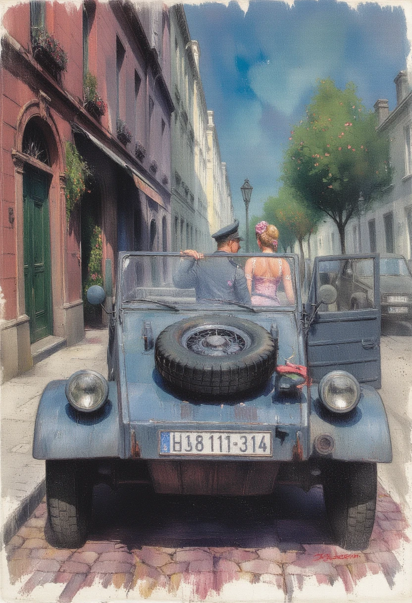 Illustration: A car parked in the suburbs of Paris in 1944 during World War II. A German officer and an attractive woman dressed in flashy clothes are having a lovers' quarrel. At night, on cobblestone streets. <lora:kubelwagen_flux:1>,kubelwagen,  ,door open,car hood, german grey,a clean car.,<lora:ImpressionismFlux:1> ArsMJStyle, impressionism