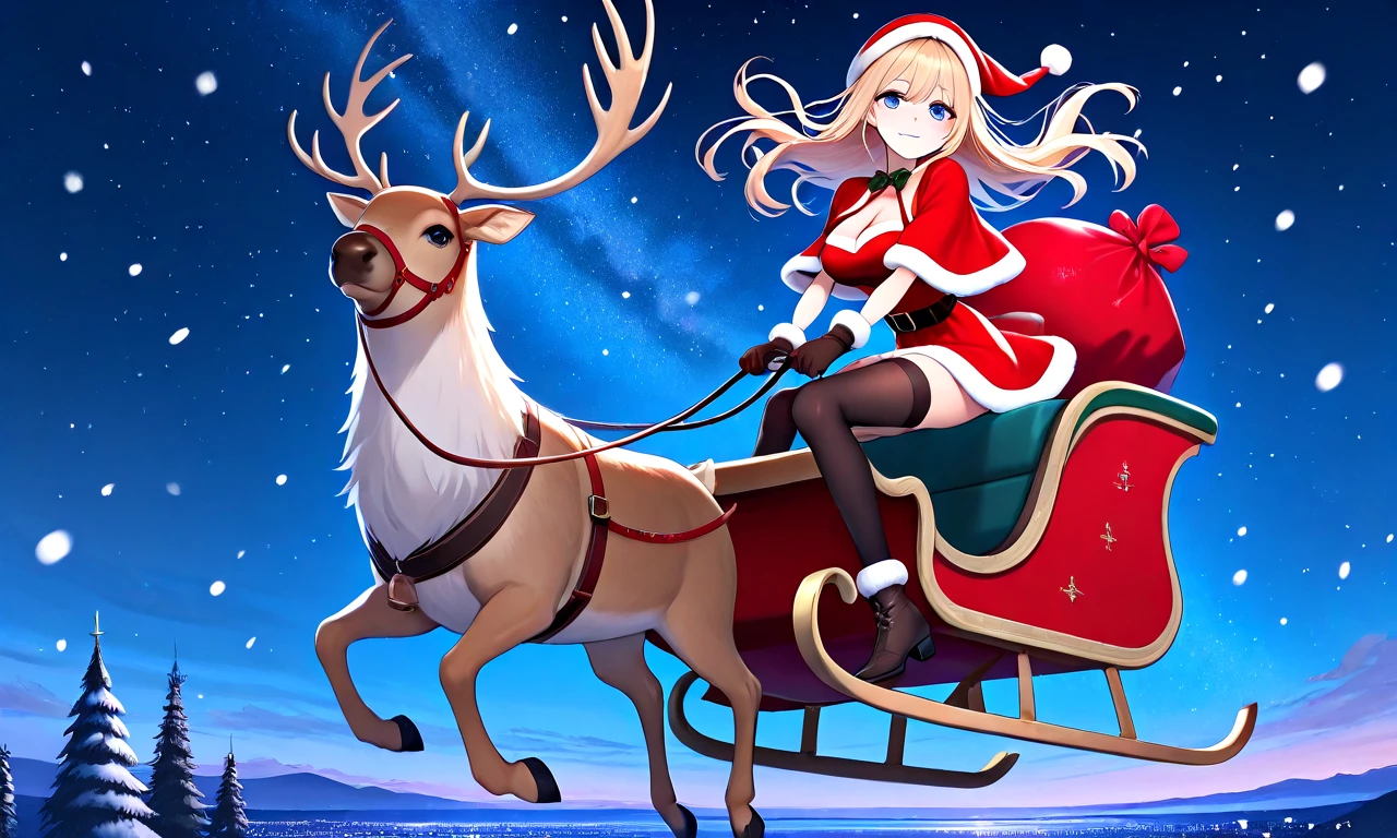 (((from below))), (((facing viewer))), masterpiece, best quality, full body, riding reindeer sleigh flying in the sky, gift sack, 1girl, blue eyes, floating hair, fur trim, red dress, santa hat, santa costume, cleavage, breasts, thighhighs, gloves, reins, wind, night, snowing, horizon, christmas, night sky, high sky, nordic architecture, from side, <lora:girllikereindeersleigh_ilxl_no_noise_offset:0.8>