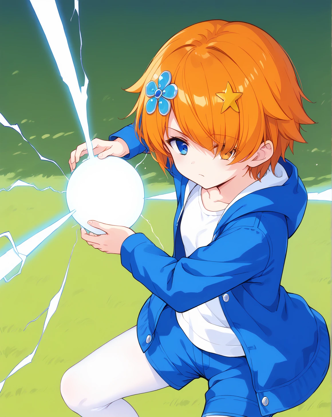 <lora:Andrea_Owen_2_v1.0:0.9>,AndreaOwen,orange hair,blue eye,hair over one eye,heterochromia,hair ornament,short hair,flat chest,
hooded jacket,blue jacket,white shirt,shorts,white pantyhose,
1girl,anime screenshot,solo,
<lora:kamehameha charge stance:0.9>,charge stance,kamehameha charge stance,energy ball,aura,electricity,, score_9,score_8_up,score_7_up,source_anime,best quality,masterpiece,uncensored,beautiful eyes,