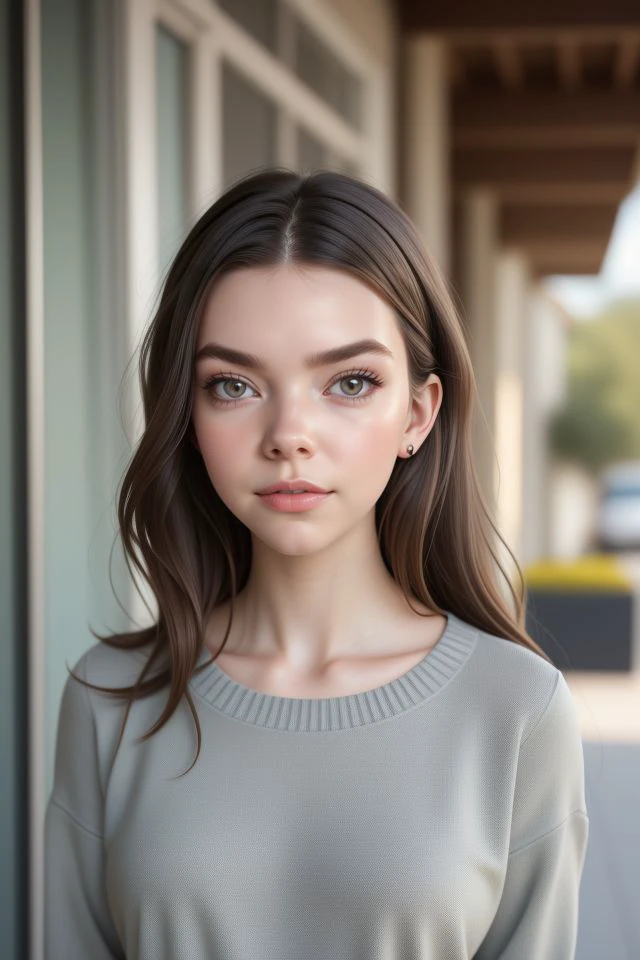 A photorealistic, half-body portrait of Anya Taylor-Joy, wearing a casual, stylish, light-gray crew-neck sweater with long sleeves, dark-wash jeans, modest attire fully covering her chest, hair styled in loose waves cascading over her shoulders, soft strands framing her face, minimal makeup highlighting her natural beauty, a relaxed and approachable expression, bright eyes looking directly at the viewer, softly blurred background, casual and sophisticated style, high-resolution, detailed photography style<lora:GoodHands-vanilla:1>