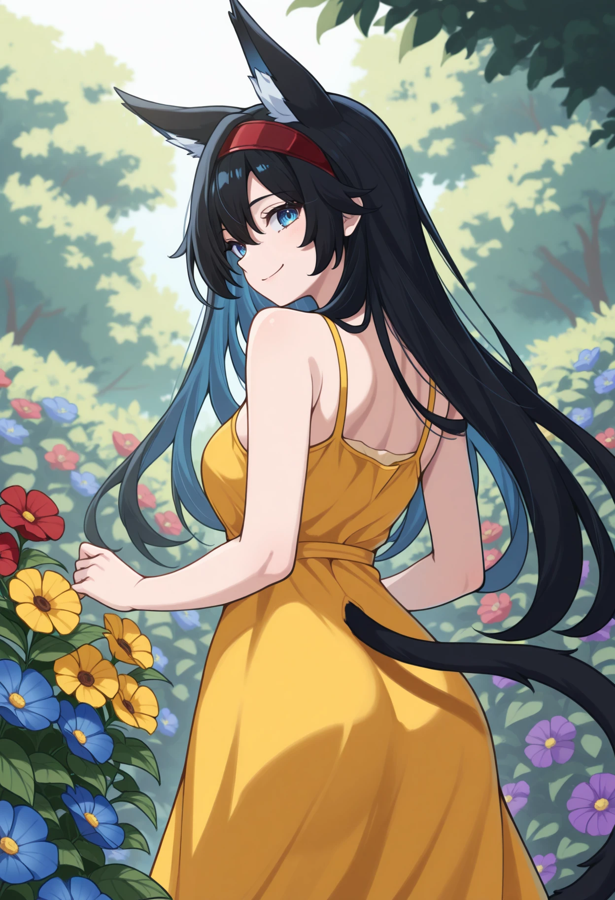 masterpiece, best quality, 1girl, solo, BlazeAK, blue eyes, black hair, long hair, animal ears, tail, red hairband, from behind, outdoors, looking back, smile, yellow sundress, garden, flower, red flower, blue flower, yellow flower, purple flower, <lora:ChamBlazeIllustriousXL:1>