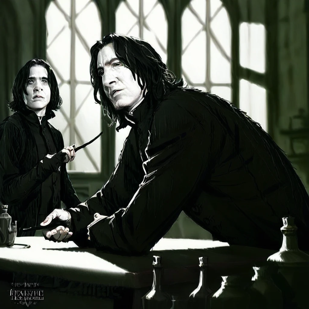 realistic, monochrome, black jacket, white background, window, severus_snape, wand, blurry background, artist name, male focus, looking at viewer, holding wand, indoors