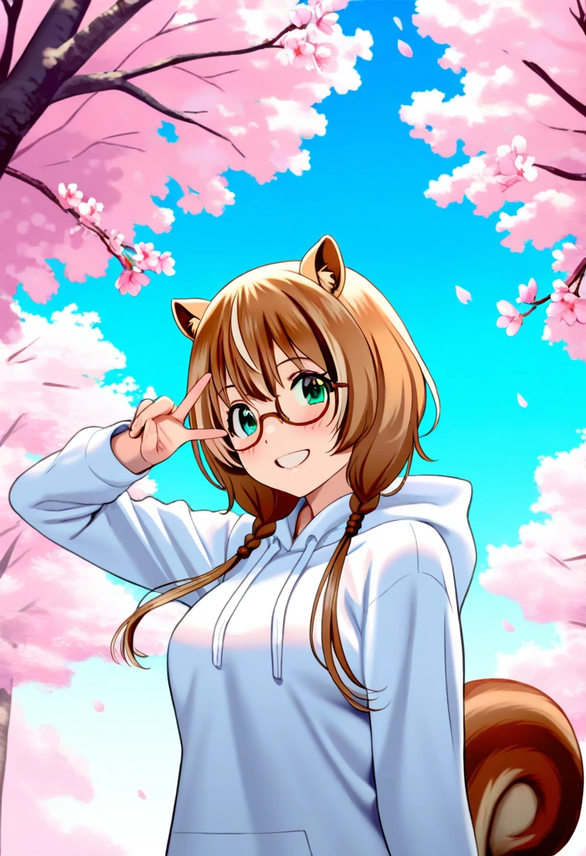 1girl, solo, ayunda risu,
white hoodie, glasses, v, medium breasts, squirrel ears, squirrel tail, twin braids,
outdoors, upper body, cherry blossoms, blue sky,
masterpiece, best quality,