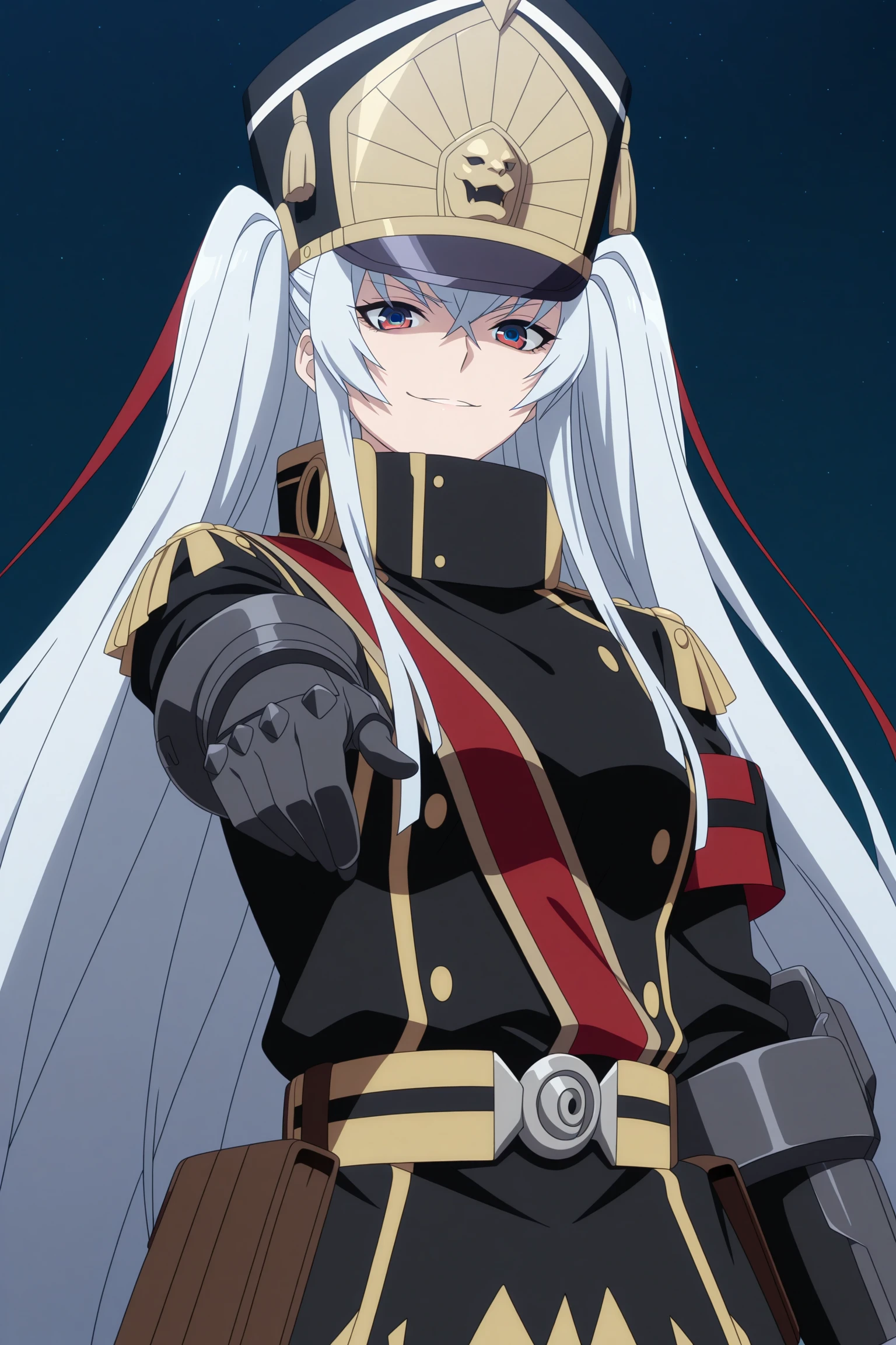 masterpiece, best quality, amazing quality, highres, absurdres, very aesthetic, high resolution, ultra detailed, perfect details, 1girl, solo, outdoors, (night sky:1.5), medium breasts, military uniform princess, white hair, absurdly long hair, sidelocks, two side up, hair ribbon, multicolored eyes, square pupils, military uniform, long sleeves, armband, shako cap, gauntlets, sash, long coat, long skirt, belt, high heel boots, knee boots,  <lora:Altair_Recreators_ILXL:0.8>, (aged up:1.2), (upper body:1.8), anime coloring, anime screencap, looking at viewer, (pose:1.4), smirk, (hovering:1.5)