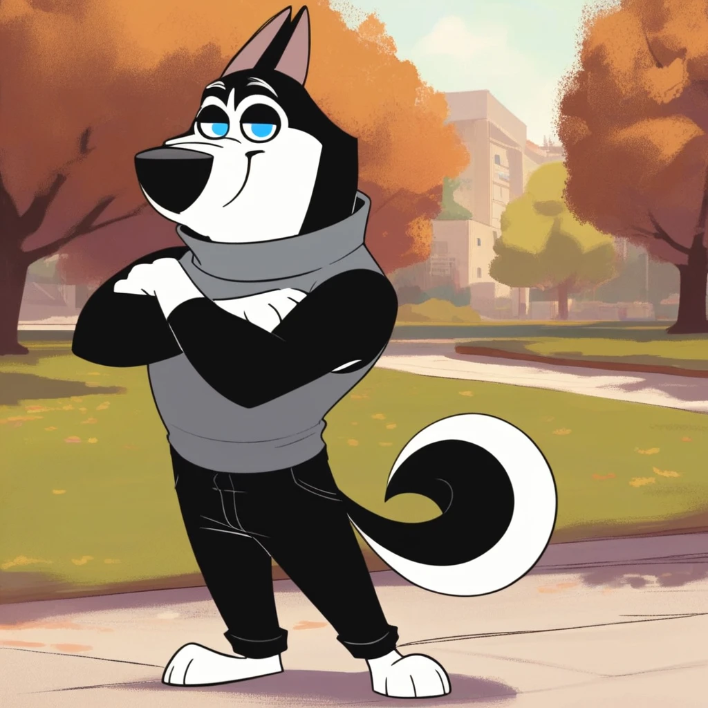 score_9, score_8_up, score_8, score_7, source_cartoon, Hansel(101), solo, 1boy, anthro, male furry, dog, dog boy, Siberian husky, black and white fur, curved tail, pointed ears, blue eyes, black nose, full body, looking at viewer, standing, grey turtleneck sweater, black pants, arms crossed, eyes half closed, smiling, park setting,