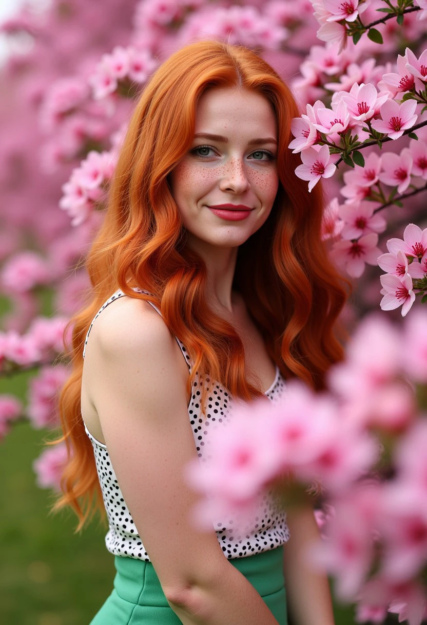 Raw HiRes Photo of a fair-skinned, red-haired woman with freckles, standing amidst blooming pink flowers. Her long, wavy hair cascades over her shoulders, partially obscuring her face. She gazes directly at the camera with a contemplative expression and beautiful photogenic smile. Her bare shoulders and arms are visible, she is wearing a polka dot top and a green short skirt. The background is filled with soft-focus pink blossoms, creating a dreamy, ethereal atmosphere. The overall color palette is dominated by shades of pink and red, enhancing the romantic, nature-inspired feel of the image. Spicy_Hot_Red