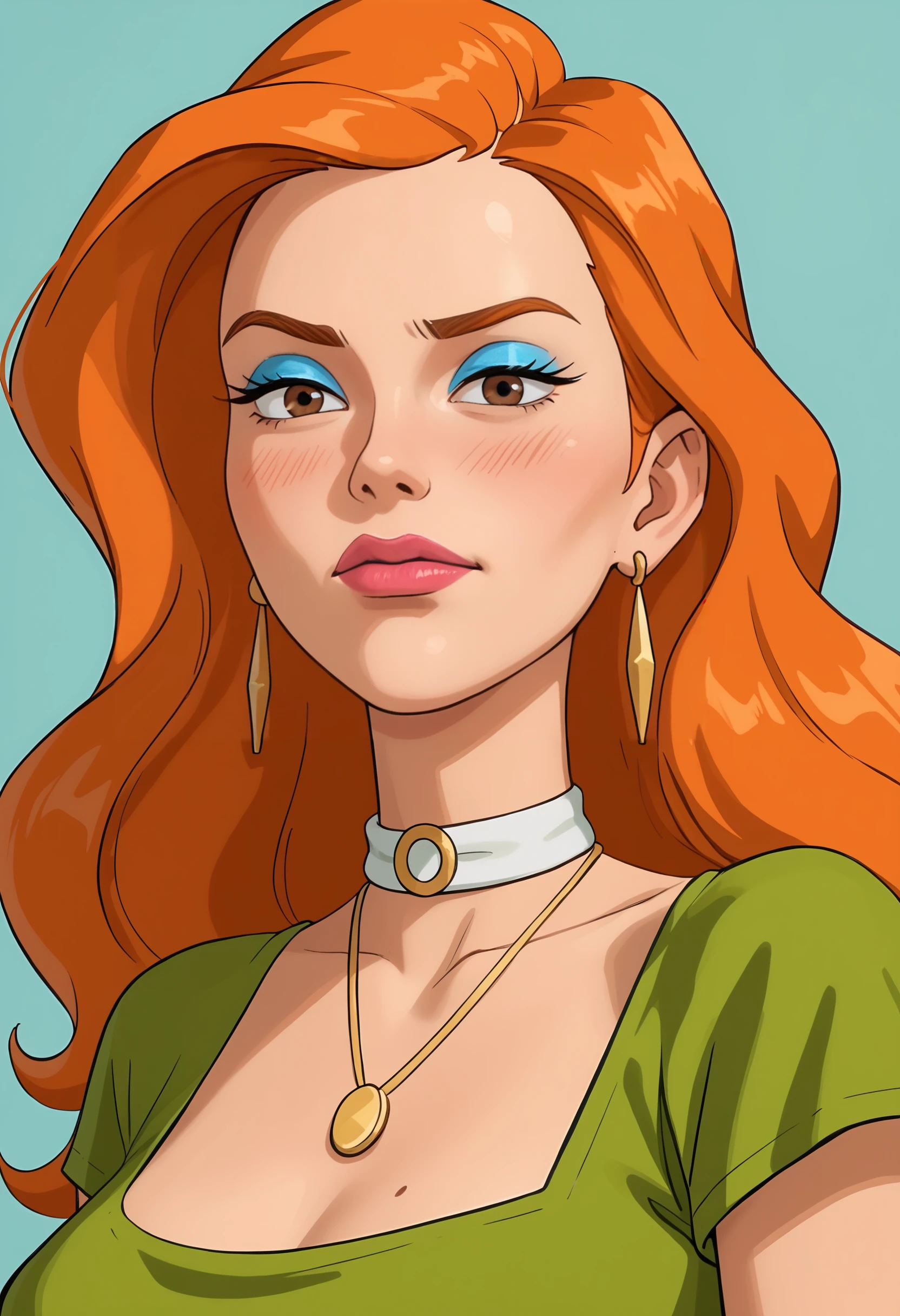 score_9, score_8_up, score_7_up, score_6_up, score_5_up, score_4_up, 1girl, <lora:CousinMelF:0.75> cmel, long hair, orange hair, breasts, brown eyes, lipstick, makeup, blue eyeshadow, jewelry, necklace, choker, green shirt, earrings, looking at viewer, upper body, embarrassed, blush, portrait, 
 light blue background, simple background,