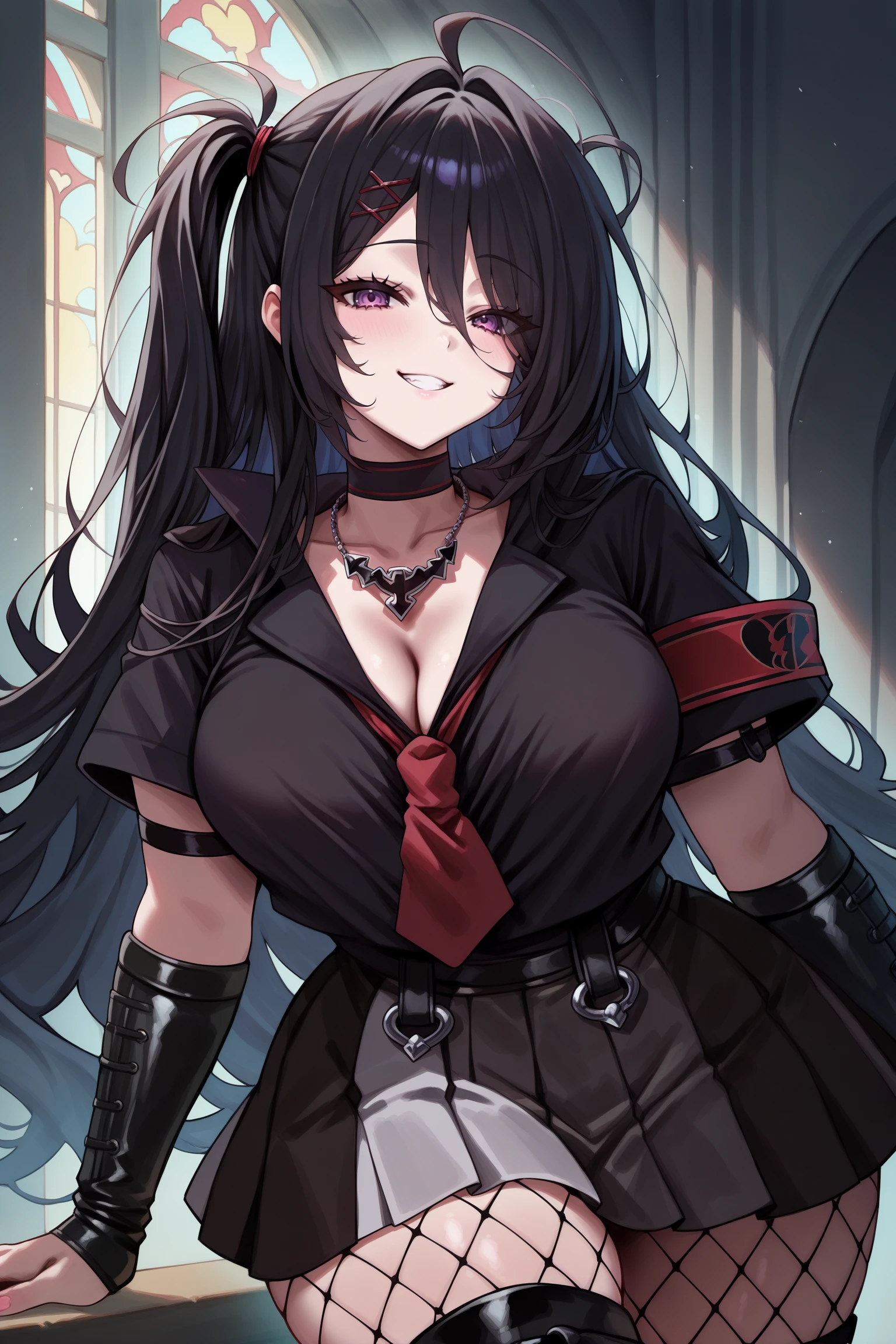 masterpiece, best quality, anime, 2d, 1girl, purple eyes, very long hair, two side up, black hair, red hairclip, hair tie, choker, cross necklace, black clothes, red neckerchief, short sleeves, red armband, arm strap, black arm guard, black belt, two-tone skirt, frilled miniskirt, fishnet thighhighs, knee black boots, <lora:Z11ILSTCAMEq1v1 AL:1>, indoors, mansion,  abstract, , absurdres, incredibly absurdres, happy