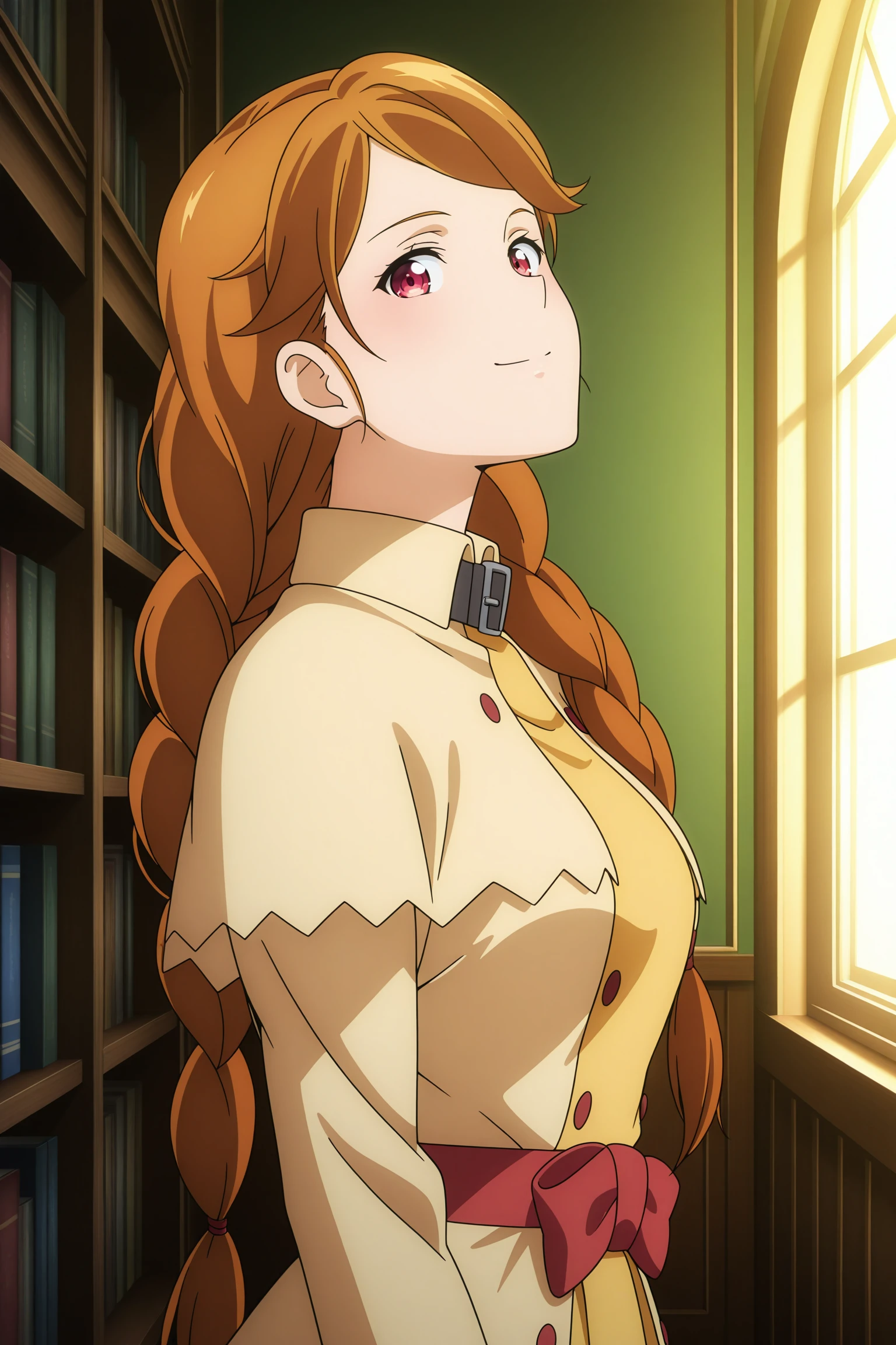 masterpiece, best quality, amazing quality, highres, absurdres, very aesthetic, high resolution, ultra detailed, perfect details, 1girl, solo, indoors, library, european architecture, medium breasts, hazuki ferrari, long hair, brown hair, twin braids, parted bangs, red eyes, yellow coat, belt collar, front slit, black skirt, layered skirt, waist sash, waist bow, orange pantyhose, red footwear, boots, <lora:Hazuki_Ferrari_ILXL:0.8>, (aged up:1.2), (upper body:1.5), anime coloring, anime screencap, looking at viewer, smile, (morning:1.5), head back, (pose:1.3)