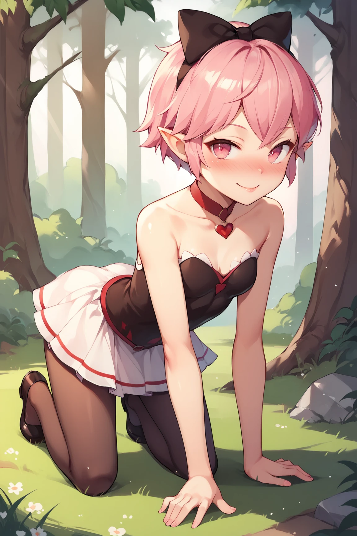 score_9, score_8_up, score_7_up, score_6_up, BREAK, NinaICPXL, pink eyes, pink hair, short hair, hair bow, black bow, pointy ears, small breasts, bare shoulders, red shocker, black dress, white skirt, black pantyhouse, black shoes, solo, full body, all fours, seductive smile, looking at viewer, naughty face, nose blush, forest <lora:NinaICPXL:0.8>