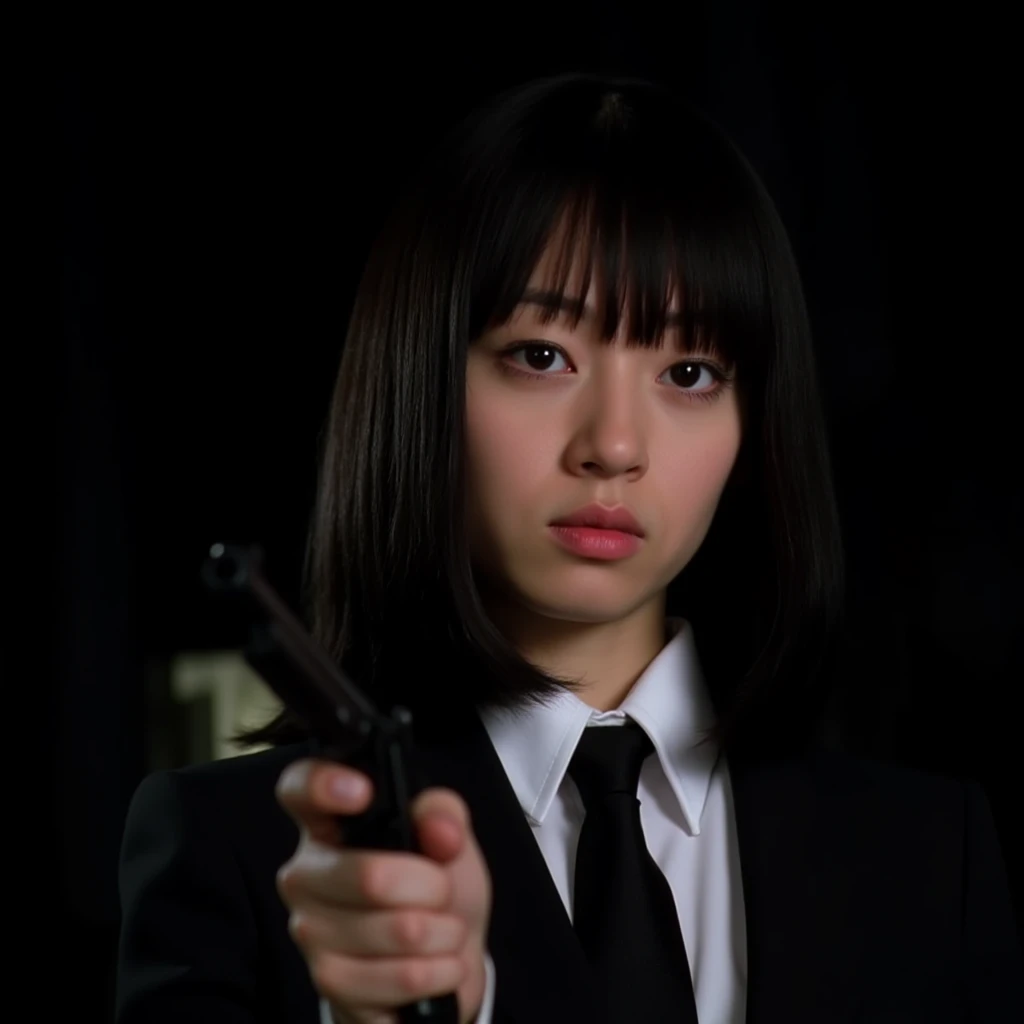 cinematic film still of  <lora:1990's style Kill Bill v1-step00001800:0.8>
In the 1990's Cinematic film image of Gogo Yubari a Japanese young woman holding a black revolver gun in her hands, 1girl, solo, long hair, looking at viewer, bangs, shirt, black hair, holding, upper body, weapon, necktie, collared shirt, blunt bangs, holding weapon, black eyes, lips, gun, formal, suit, black background, holding gun, handgun, realistic, Kodak film grain, dramatic light, dramatic shadow light, contrast, saturated color, cinematic, filmic, motion picture, realistic, realism, perfection, perfect, deep focus, clean image, Kill Bill style, Kill Bill Film Style, long sleeves, closed mouth, jacket, white shirt, black jacket, fingernails, black necktie, nose, dark background, shallow depth of field, vignette, highly detailed, high budget, bokeh, cinemascope, moody, epic, gorgeous, film grain, grainy