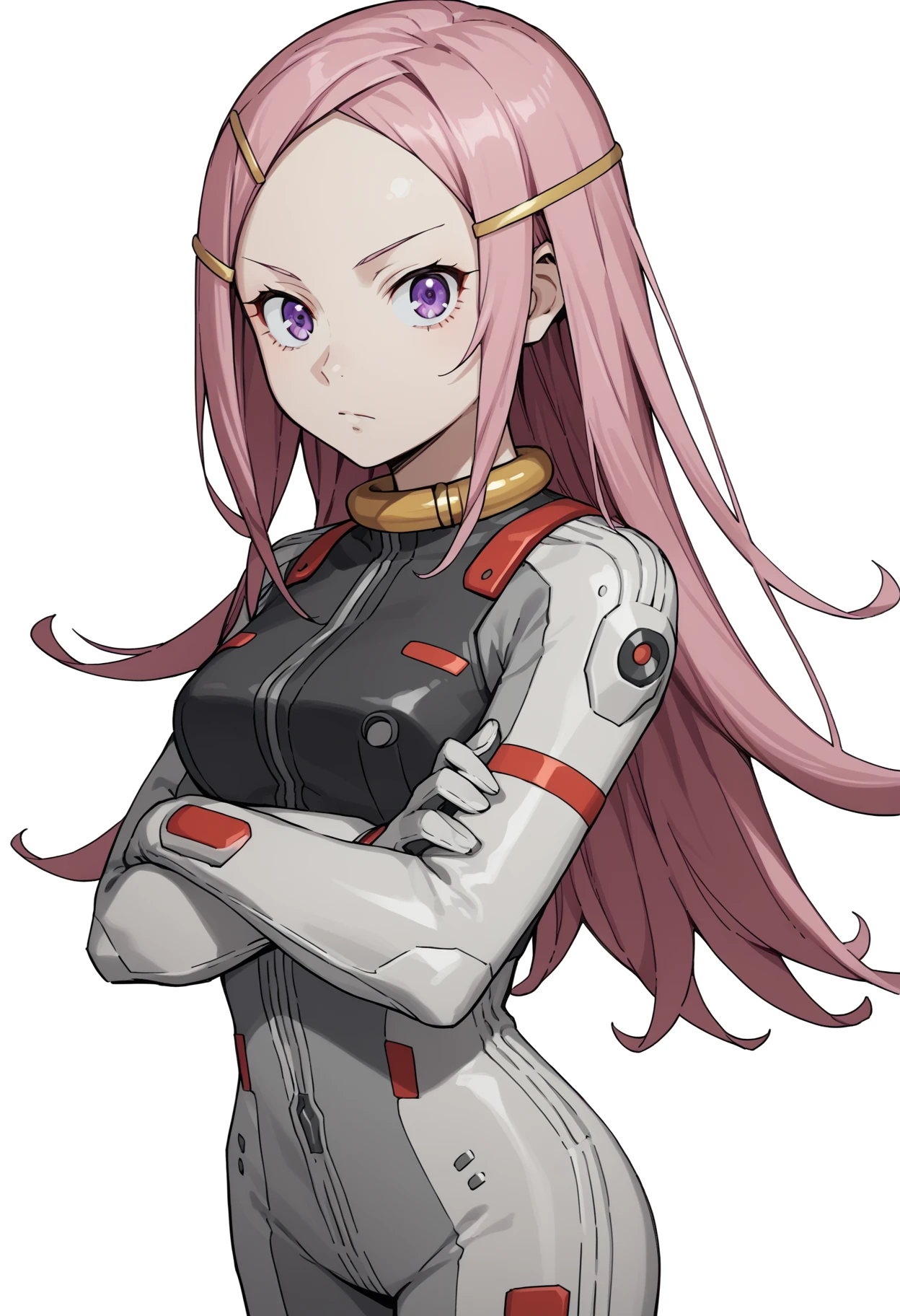 score_9, score_8_up, score_7_up, source_anime, 1girl, solo, Anem0n3, pink hair, purple eyes, yellow_hairclip, yellow_collar, long hair, white_pilot_suit, <lora:Anemone V3_epoch_10:1>, standing, white background, crossed arms, looking at viewer, solo, dutch angle, cowboy shot,