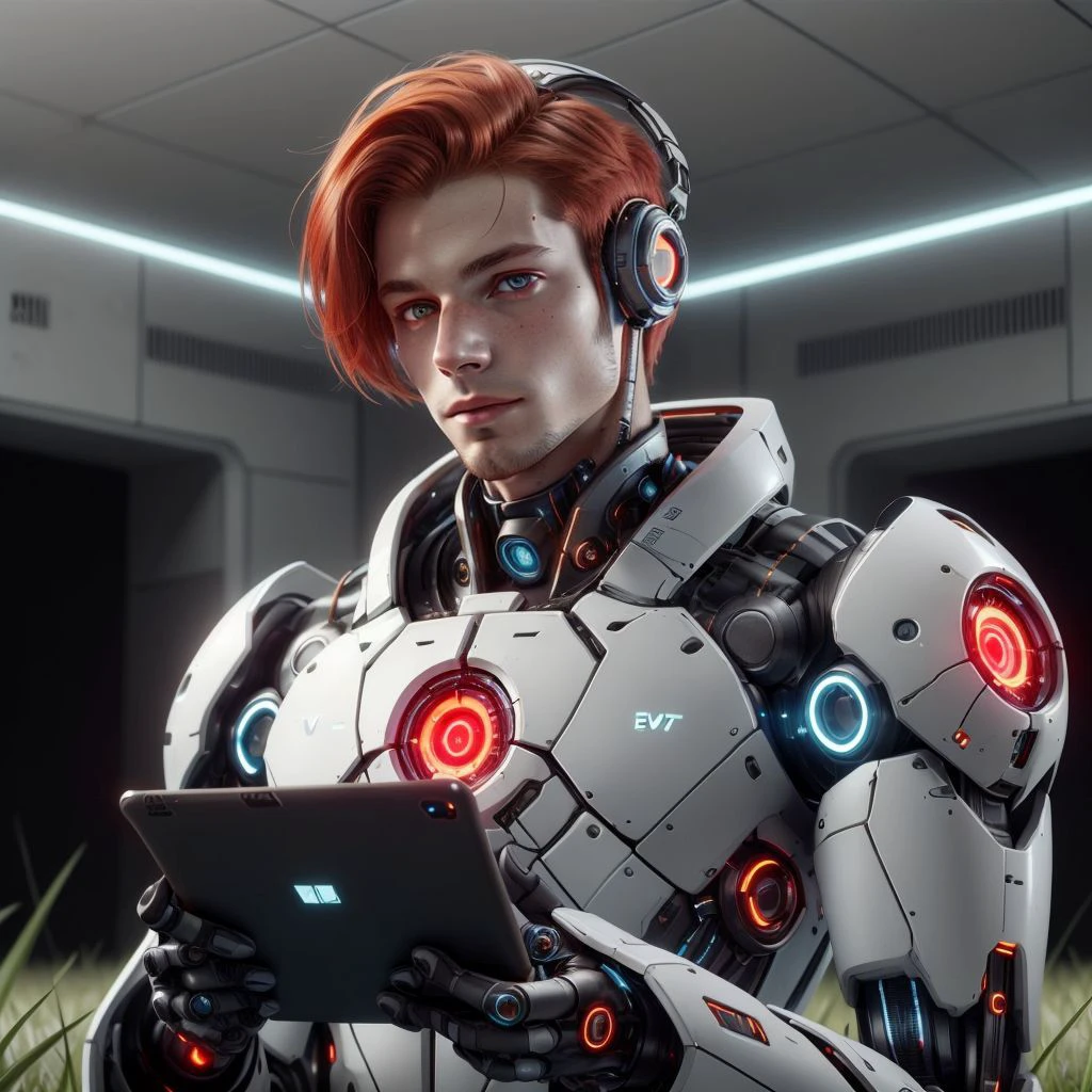 <lora:NV_ApatureTech_WM_SD:0.8> scifi , nv-aperturetech , glowing, 
1boy,man , holding,upper body, red hair, grassy fields , short hair, turtleneck suite , coat , holding a tablet , indoors, red eyes,