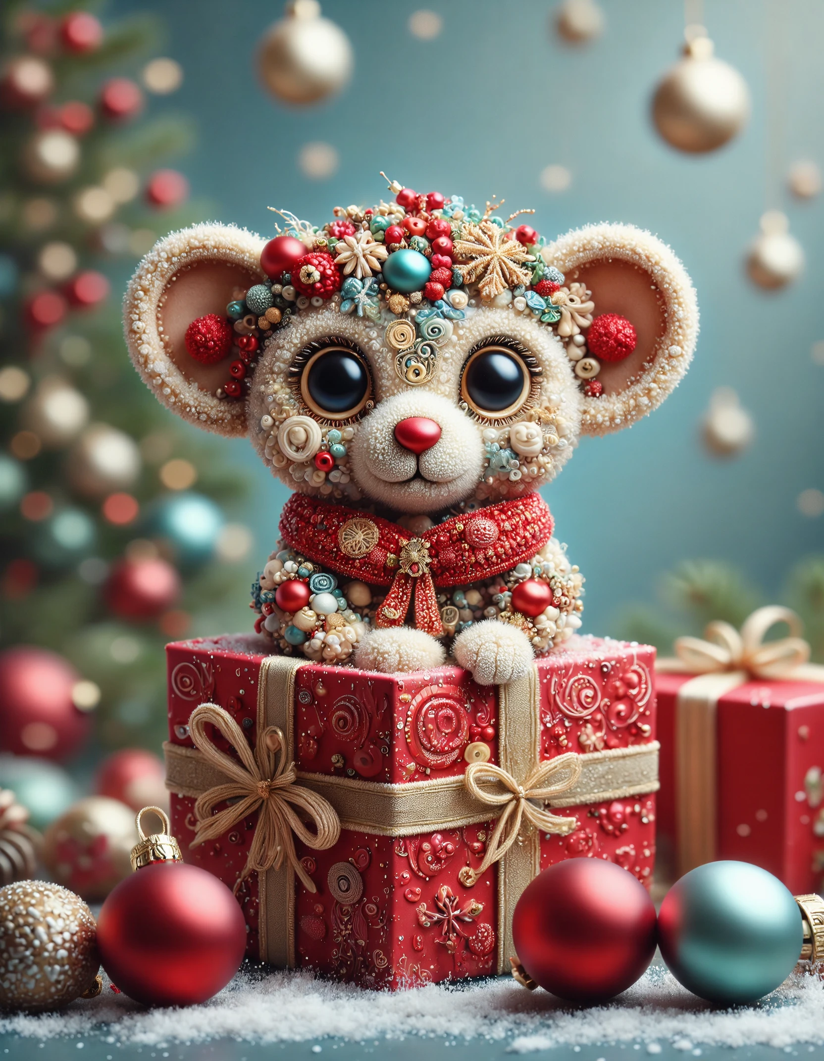 CHRD3CR, a cute tiny creature with big eyes and head, sitting in a opened christmas present 