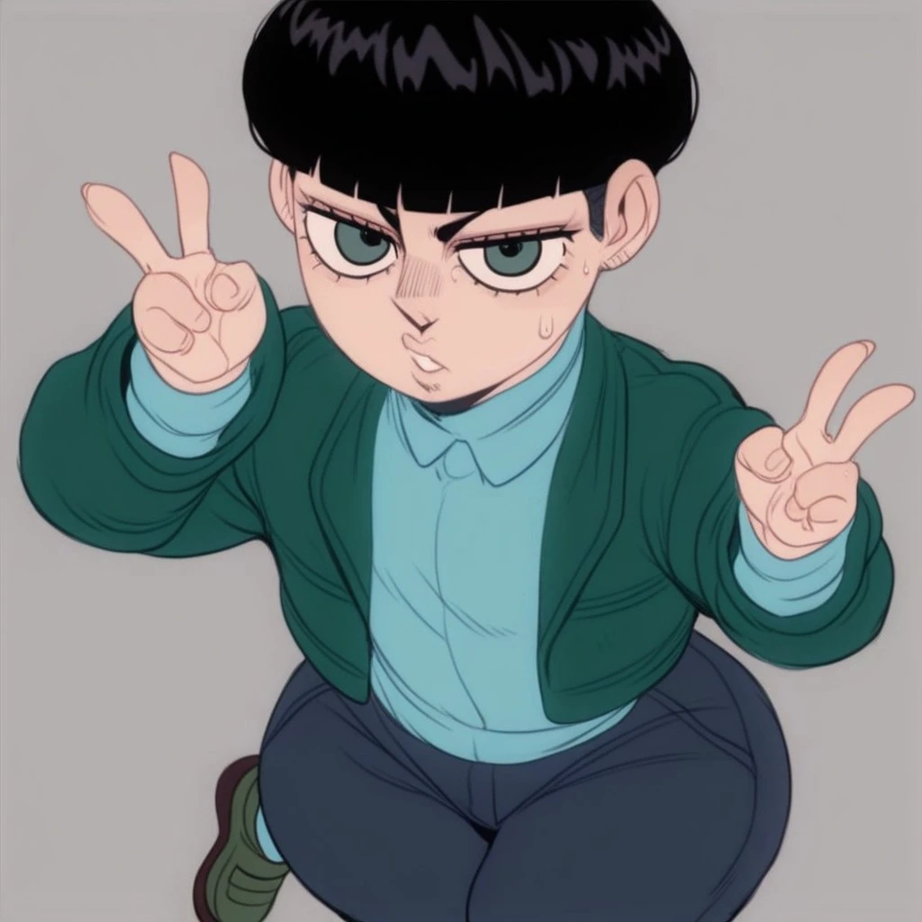 score_9, score_8_up. score_7_up, source_anime, solo, 1boy, Giorno (Detnox), black hair, short hair, blue shirt, long pants, green jacket, brown shoes, voluptuous, curvy, bottom heavy, wide hips, wide thighs, thick thighs, thick legs, Stand, pose, Two fingers up, v sign