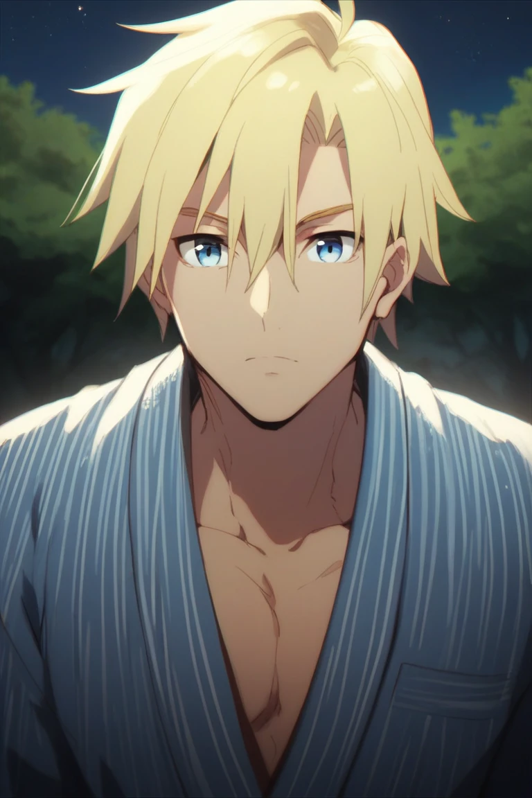 score_9, score_8_up, score_7_up, score_6_up,  1man, solo, uryuu, blonde hair, blue eyes, hair between eyes, blue yukata, traditional japanese clothes, dim light, clavicle, looking at viewer, night, moonlight, forest, front view, extended arms, pov, close up, looking at viewer, toned