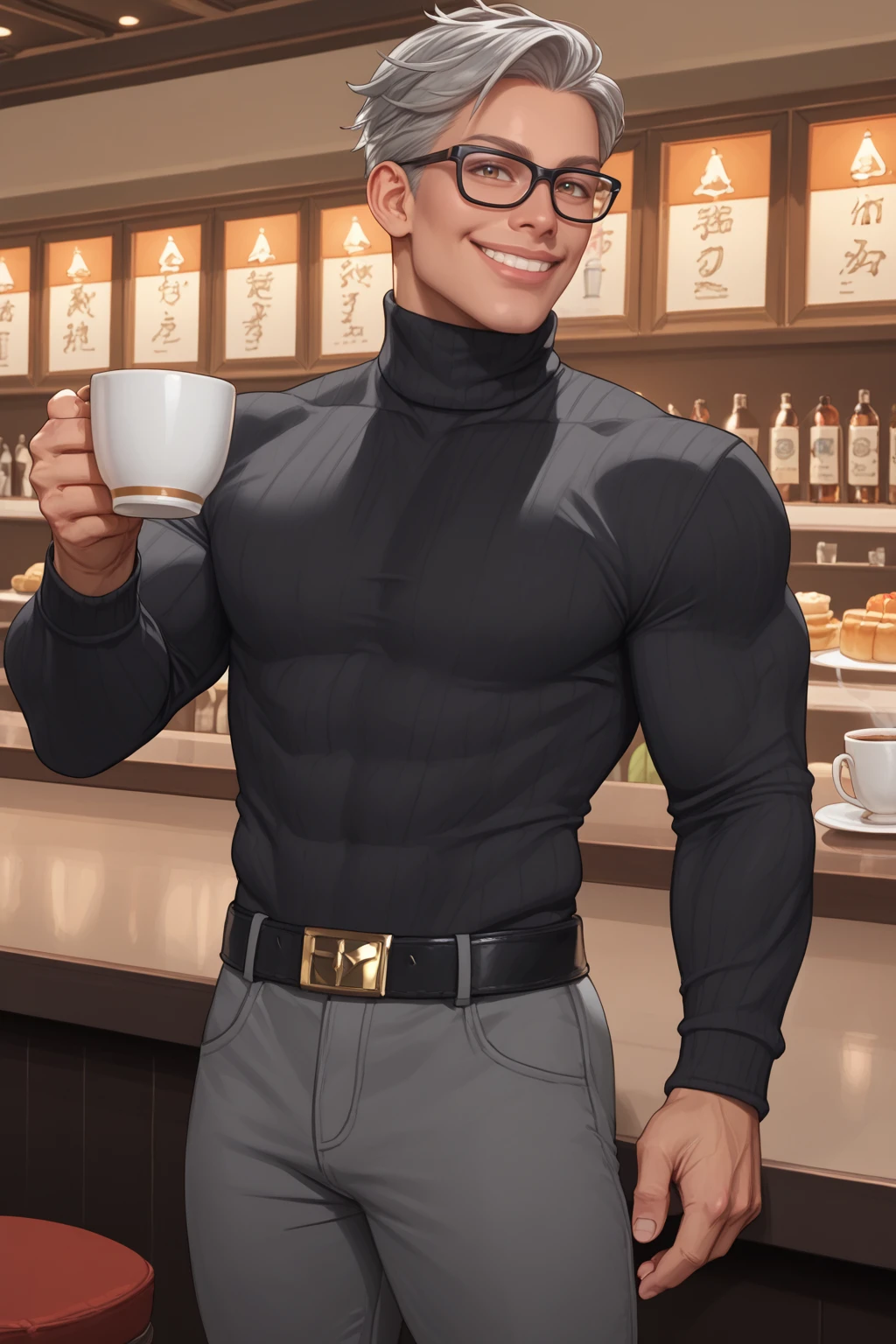 score_9, score_8_up, score_7_up, masterpiece, high quality, BREAK, realistic
 <lora:M. BisonPonyLora:1>mrb, muscular, jacket,sweater, grey hair, high collar, black framed glasses, belt, pants, in a cafe, holding a cup of tea, smile