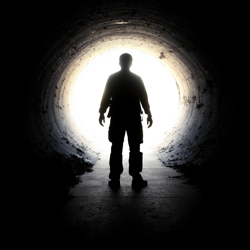 cinematic film still of  <lora:sicario style v1:0.9>
a poster of a silhouetted man standing in a tunnel with a light at the end, solo, 1boy, standing, monochrome, male focus, artist name, from behind, character name, english text, copyright name, silhouette, poster (medium), modern warfare, military tactical, movie themed, sharp, detailed, epic cinematic photography, artistic, dramatic light, cinematic color style, Kodak film style, sicario style, movie poster, shallow depth of field, vignette, highly detailed, high budget, bokeh, cinemascope, moody, epic, gorgeous, film grain, grainy