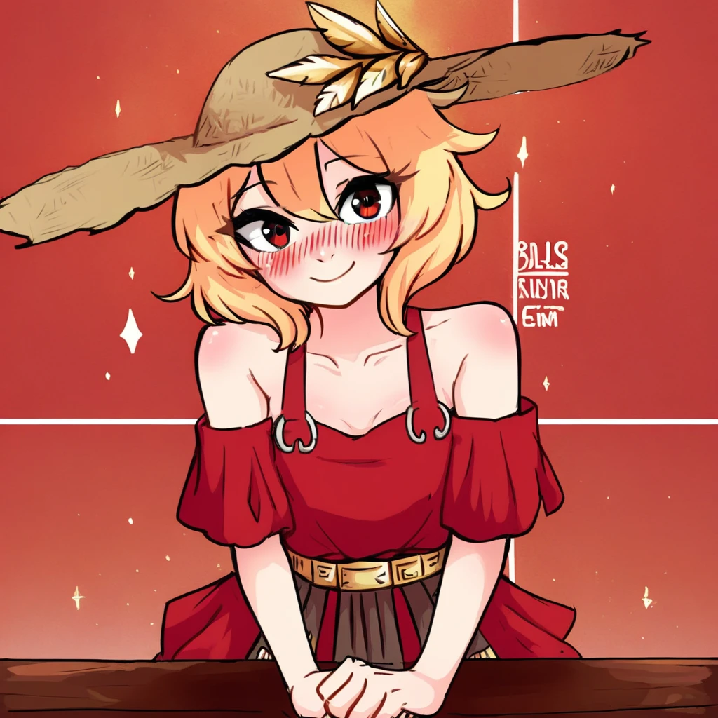 centuriic, blonde hair, red eyes, summerdress, red dress, off shoulder, 1girl, solo, straw hat, blush, smile, looking at viewer, closed mouth