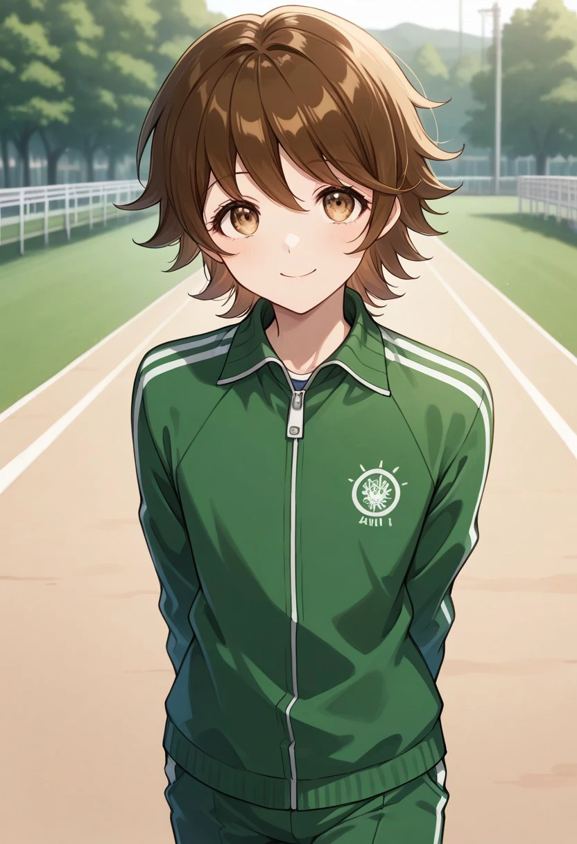 masterpiece, best quality, 
chihiro, 1boy, male focus, solo, brown eyes, brown hair, bangs, short hair, track suit, track jacket, smile,
outdoor,