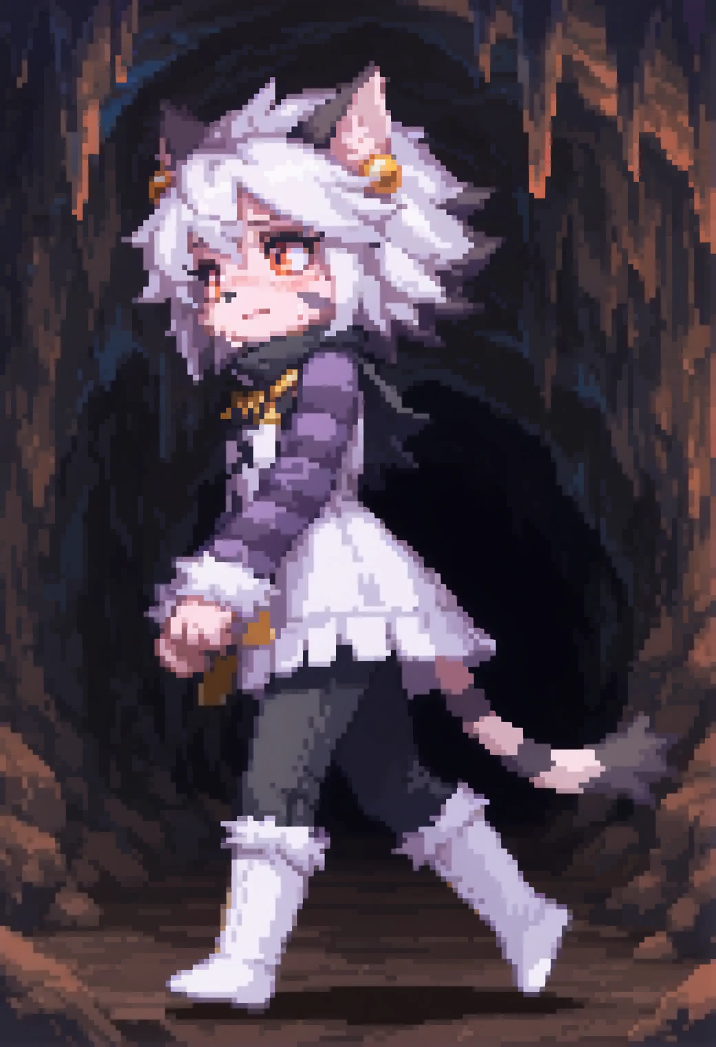 masterpiece, best quality, amazing quality, pixel art, <lora:ElhIllus.safetensors:1>, <lora:pixel_base_model.safetensors:1>, elh, 1girl, solo, full body, furry female, cat ears, red eyes, orange eyes, short hair, white hair, shiny hair, facial mark, animal nose, body fur, striped tail, elhattire, earrings, fur trim, striped sleeves, black pants, white boots, from side, walking, sweating, nervous, sweatdrop, detailed background, cave, cave interior, stalactite, stalagmite, underground, scenery, (dark:1.5), dim lighting