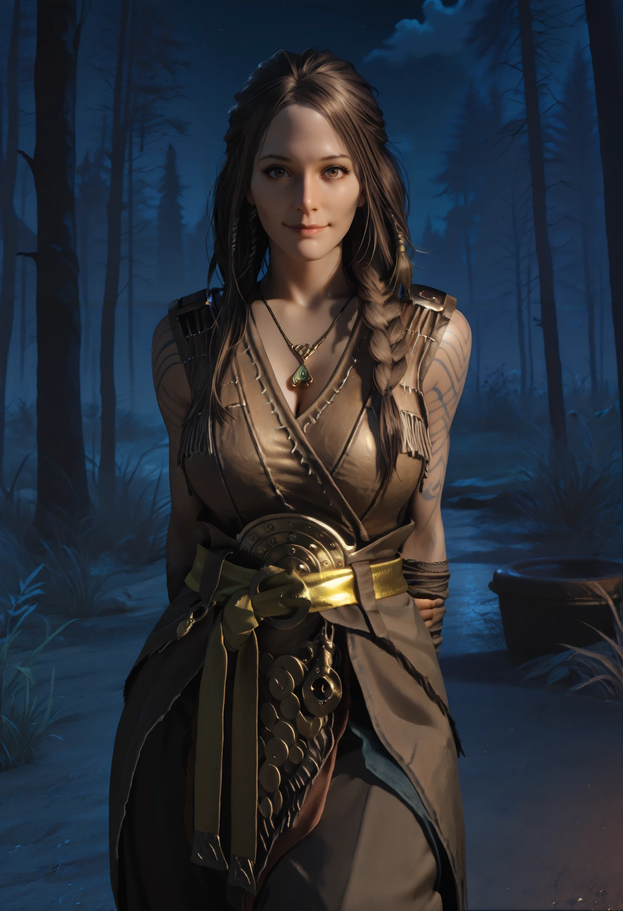 masterpiece, best quality, newest, absurdres, highres, realistic, photorealistic, looking at viewer, dark, outdoors, night, closed mouth, 1girl, solo, brown eyes, long hair, brown hair, braid, arm tattoo, freya_fbt, brown tunic, sleeveless, belt around waist, gold belt, baggy pants, necklace, toeless legwear, arms behind back, smile
<lora:gowfreya_Illustrious-000007:1>