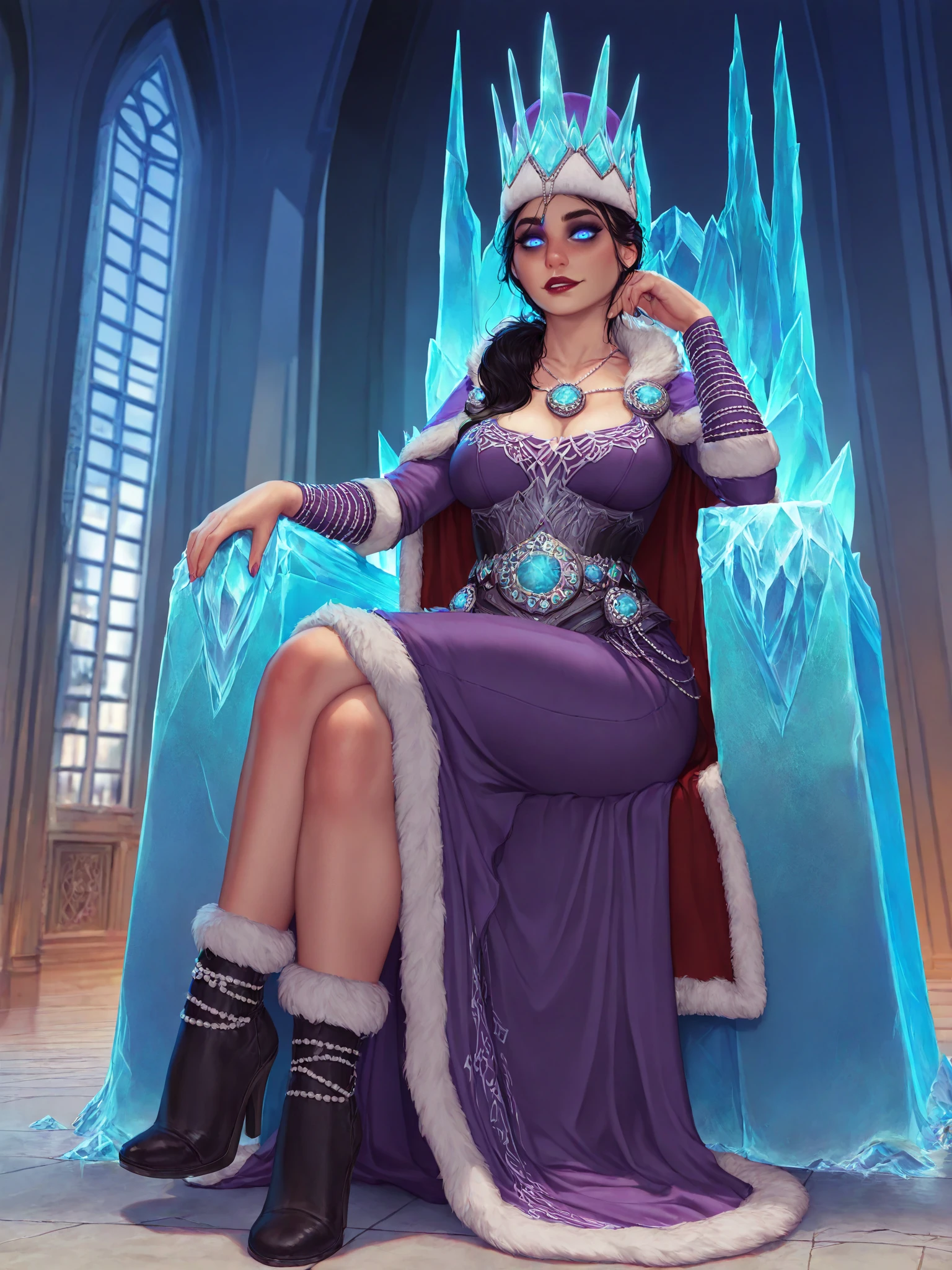 masterpiece, best quality, very awa, highres, absurdres, bloom, shadow, cinematic, epic,
1girl, Katarin Bokha, mature female, solo, krystopher decker,
Elbow rest, outstretched hands, crossed legs, sitting on throne, full body, high heel boots, fur-trimmed boots,
looking at viewer, smirk,
black hair, ponytail, blue eyes, glowing eyes,makeup,
Fur-trimmed hat, crown, beads, necklace, blue gemstone,
Fur-trimmed dress, purple sleeves, fur-trimmed cape, long skirt,
curvy, large breasts,
Indoors, palace, window, blue skies, ice throne,
<lora:Katarin BokhaNoobAIXL075v1_0:1>