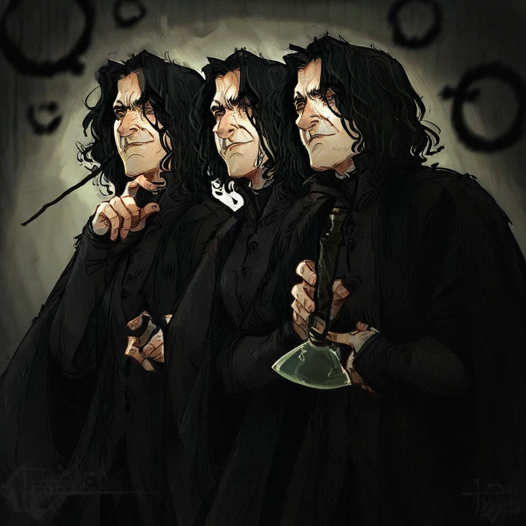 severus_snape, black hair, hooked nose, holding wand, green magic, black robes, wrinkles, 2d, hand to face, atmospheric