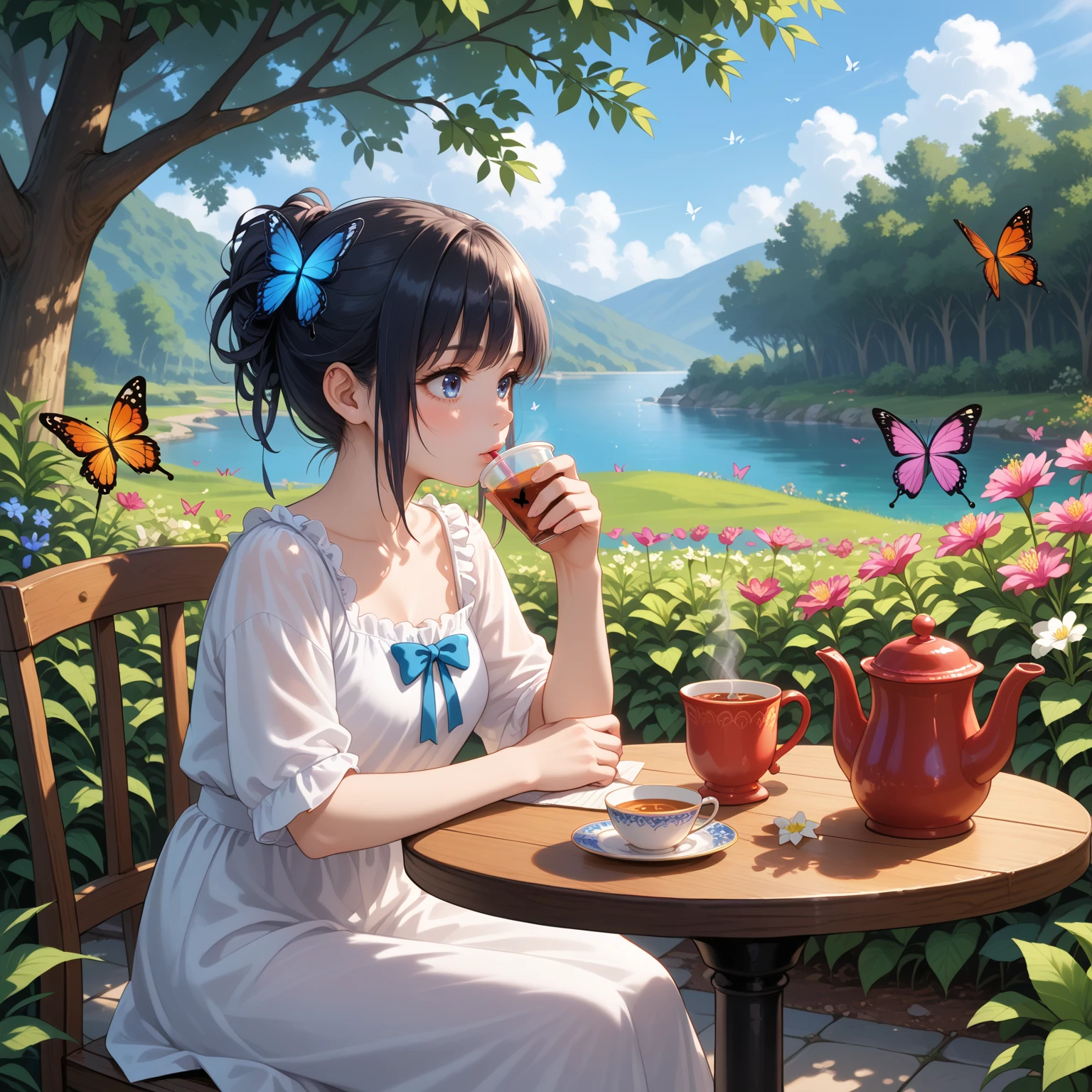 sipping tea in a tranquil garden setting, butterflies fluttering around