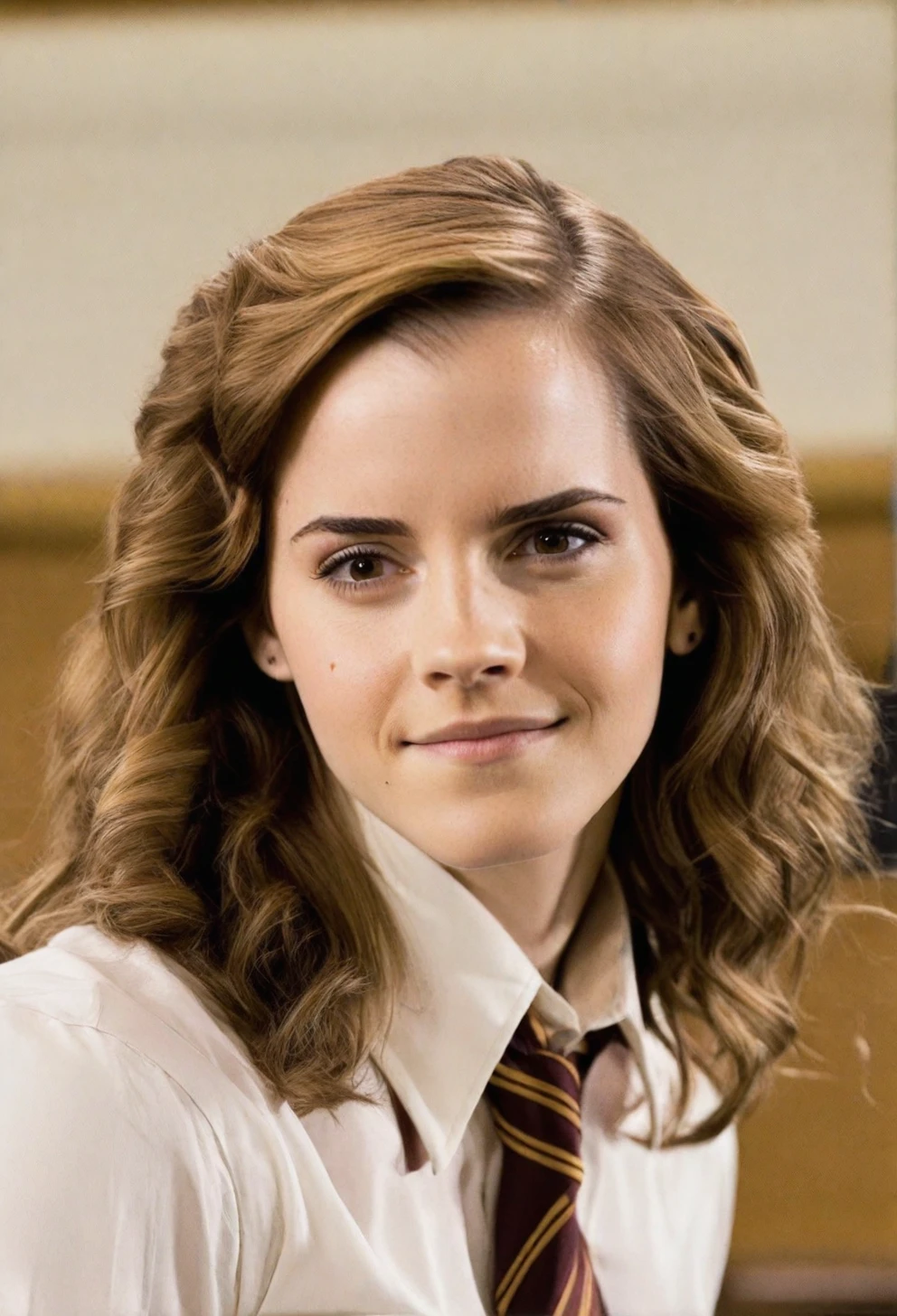 a photo of emma_watson_(harry_potter), brown hair,upper body, photorealistic,smile,RAW color photo,(fully in frame:1.1), looking at viewer,(goosebumps:0.5),wearing a white shirt,(loose:1.1) necktie,classroom, <lora:emma_watson_(harry_potter):1>